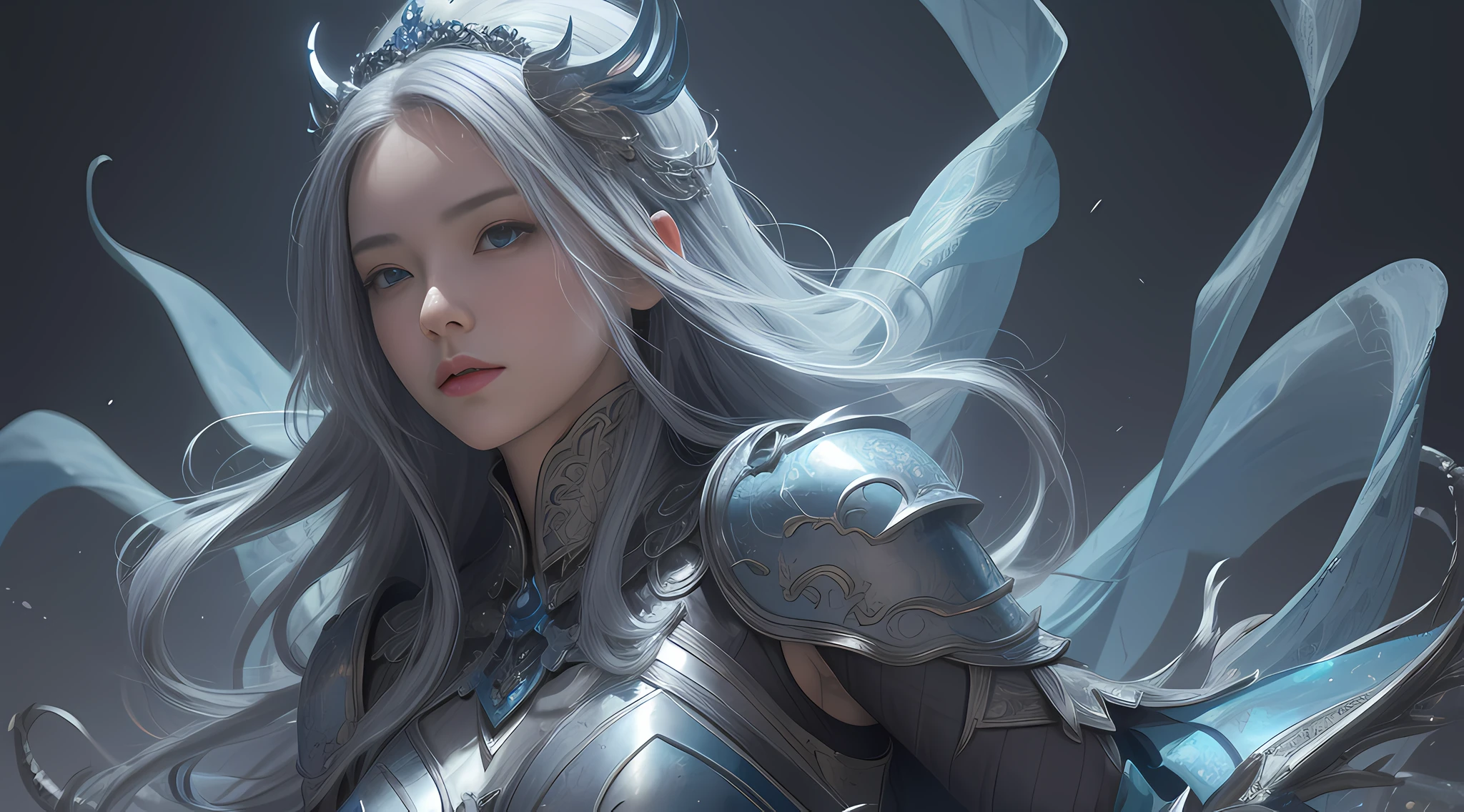 a close up of a woman in a silver and blue dress, chengwei pan on artstation, by Yang J, detailed fantasy art, stunning character art, fanart best artstation, epic exquisite character art, beautiful armor, extremely detailed artgerm, detailed digital anime art, artgerm on artstation pixiv, armor girl