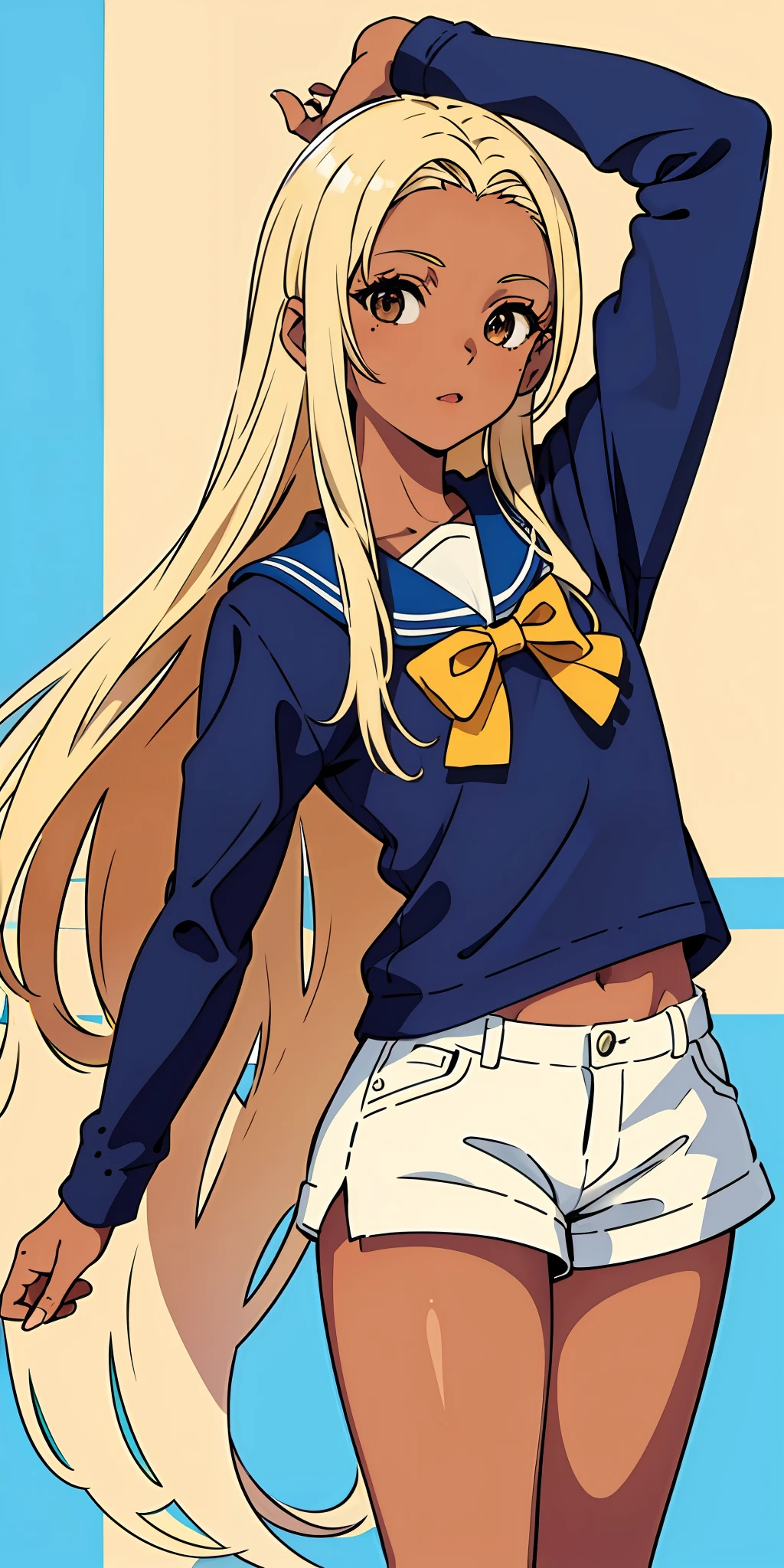 (top quality, masterpiece), 1 girl, 16 years old, stunning, cool, blonde long hair, brown skin, tan, 5 fingers, school, mole, small, small breasts, jersey, stretch