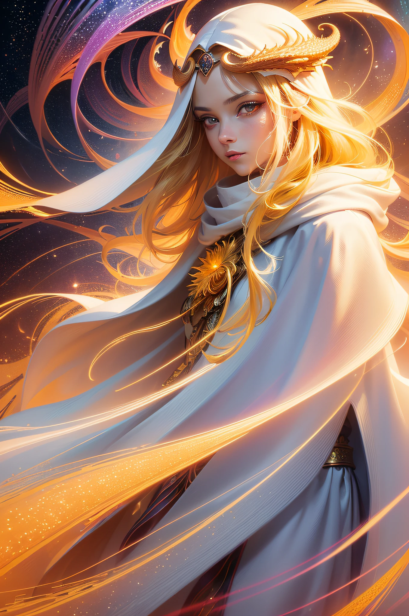 (masterpiece, top quality, best quality, official art, beautiful and aesthetic:1.2), (1girl), extreme detailed eyes, (fractal art:1.3), colorful, highest detailed, (perfect face), shiny skin, HDR, (white cloak golden lines:1.2), galaxy, (light streaks), striking visuals, (dynamic streaks, luminous trails:1.2), vibrant colors, (phoenix), (dragon)