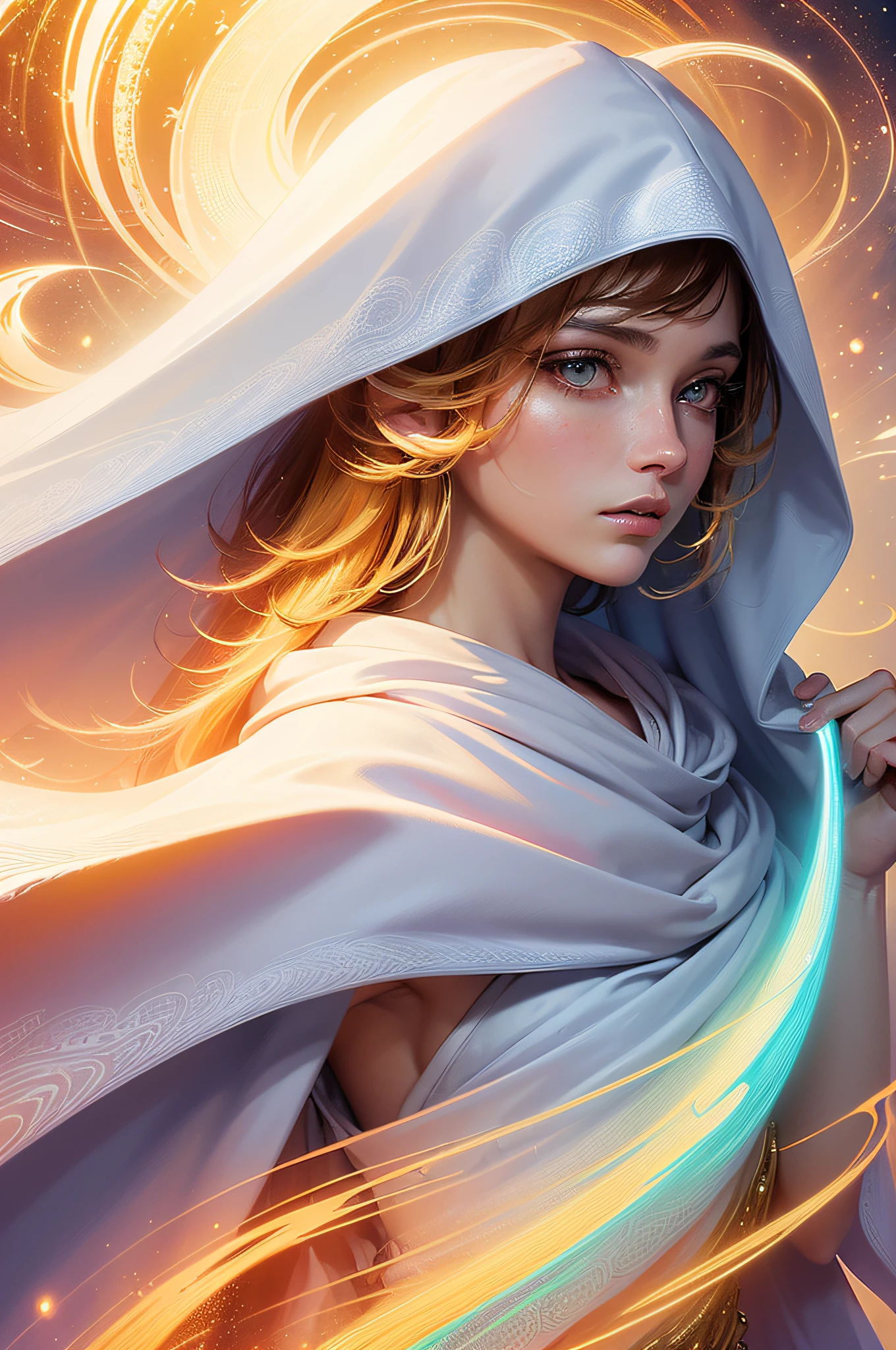 (masterpiece, top quality, best quality, official art, beautiful and aesthetic:1.2), (1girl), extreme detailed eyes, (fractal art:1.3), colorful, highest detailed, (perfect face), shiny skin, HDR, (white cloak golden lines:1.2), galaxy, (light streaks), striking visuals, (dynamic streaks, luminous trails:1.2), vibrant colors, (phoenix), (dragon)