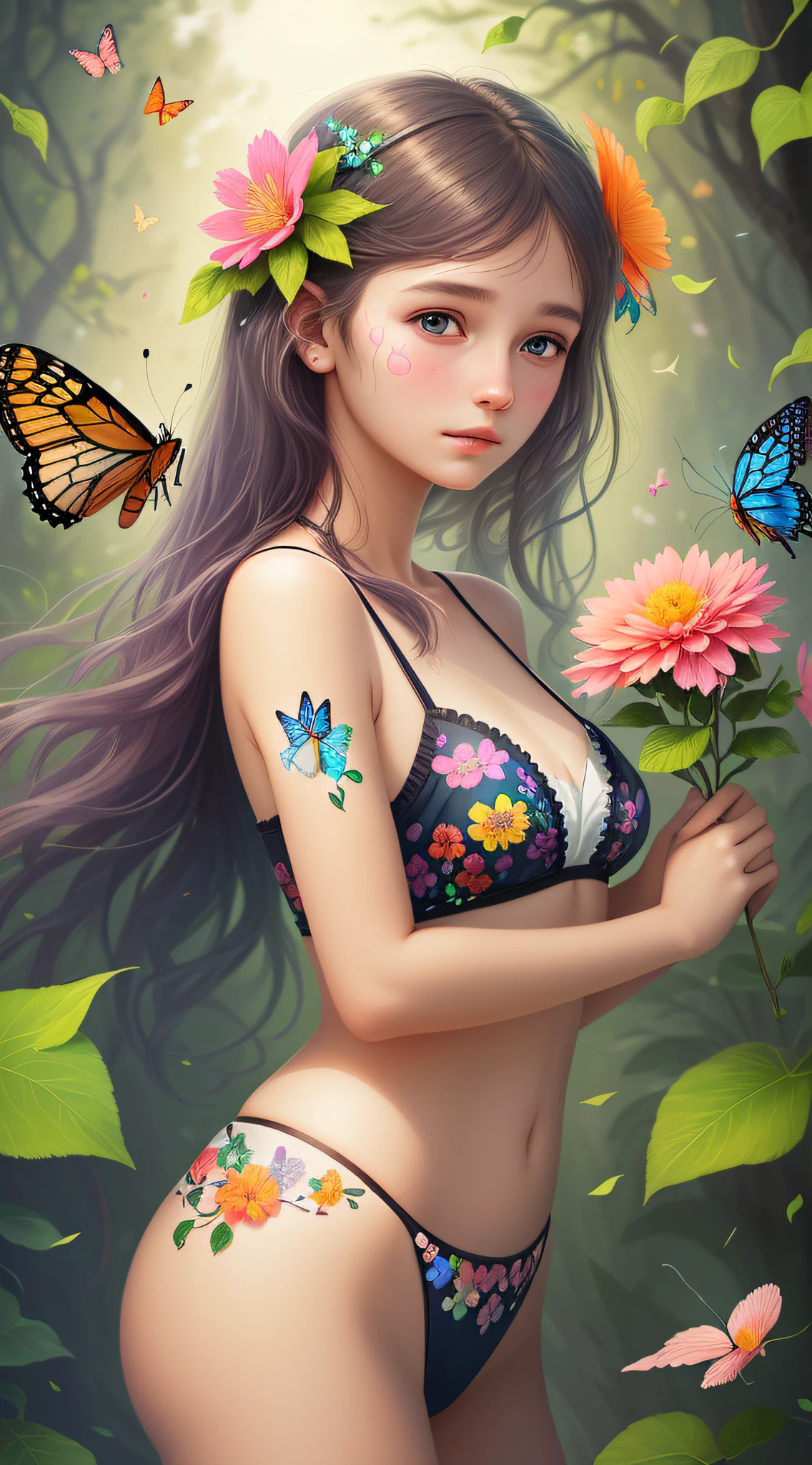A girl with colorful and delicate flowers on her skin, with butterflies flying through her nose, branches of plants rising up her cheekbones, delicacy, beauty, digital art, 4k, HD