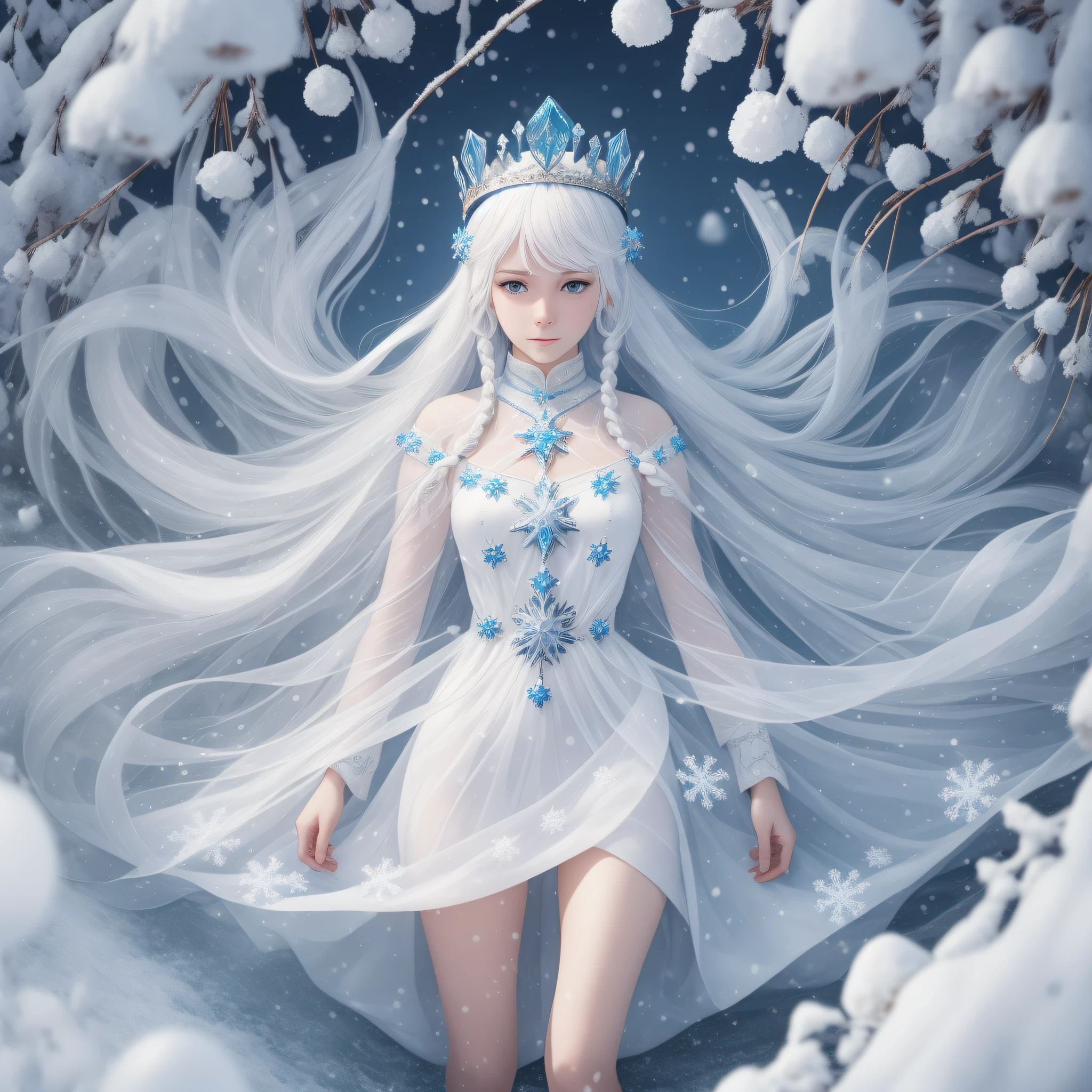 The Snow Maiden, a white ice girl made of glass with a crown on her head, with a thin body and thin features, long white braids of hair, dressed in a Russian long closed sundress to the ground of white and blue, her legs melted turning into a puddle of water on the ground, translucent ice unrealistic, magical, white hair and white outfit in the Slavic style, a kokoshnik crown on her head,  gemstones, ice, snowflakes, full-length standing, spring, melting ice, grass, snowdrops