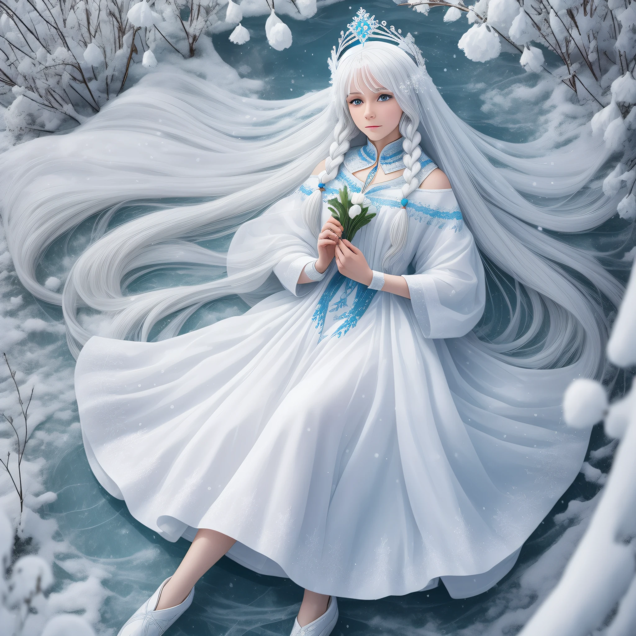 The Snow Maiden, a white ice girl made of glass with a crown on her head, with a thin body and thin features, long white braids of hair, dressed in a Russian long closed sundress to the ground of white and blue, her legs melted turning into a puddle of water on the ground, translucent ice unrealistic, magical, white hair and white outfit in the Slavic style, a kokoshnik crown on her head,  gemstones, ice, snowflakes, full-length standing, spring, melting ice, grass, snowdrops
