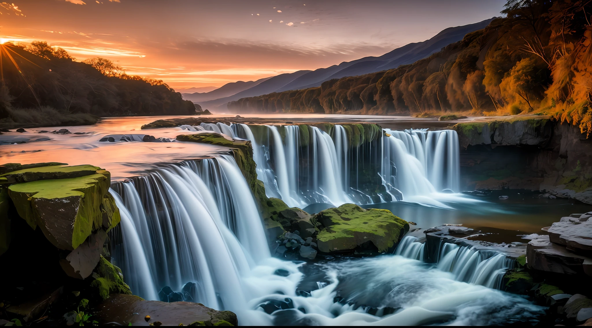 RAW photo of waterfalls at dawn, small details, photorealistic, ultra-realistic photo, 8k uhd, dslr, soft lighting, high quality, grain film, Fujifilm XT3, (masterpiece)