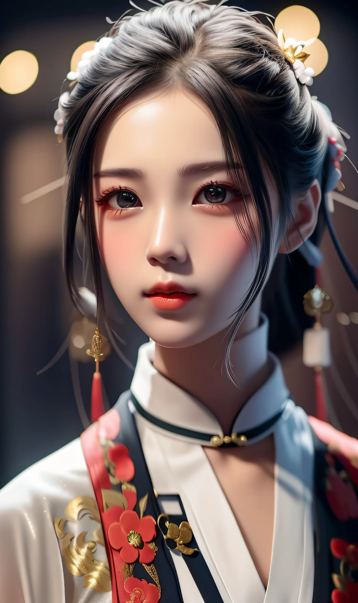 chinese girl, wuxia style, with the word 忍 on her left cheek. the setting is sunny, and she is wearing a short Chinese traditional dress, holding a spear, and hair tied to two buns,