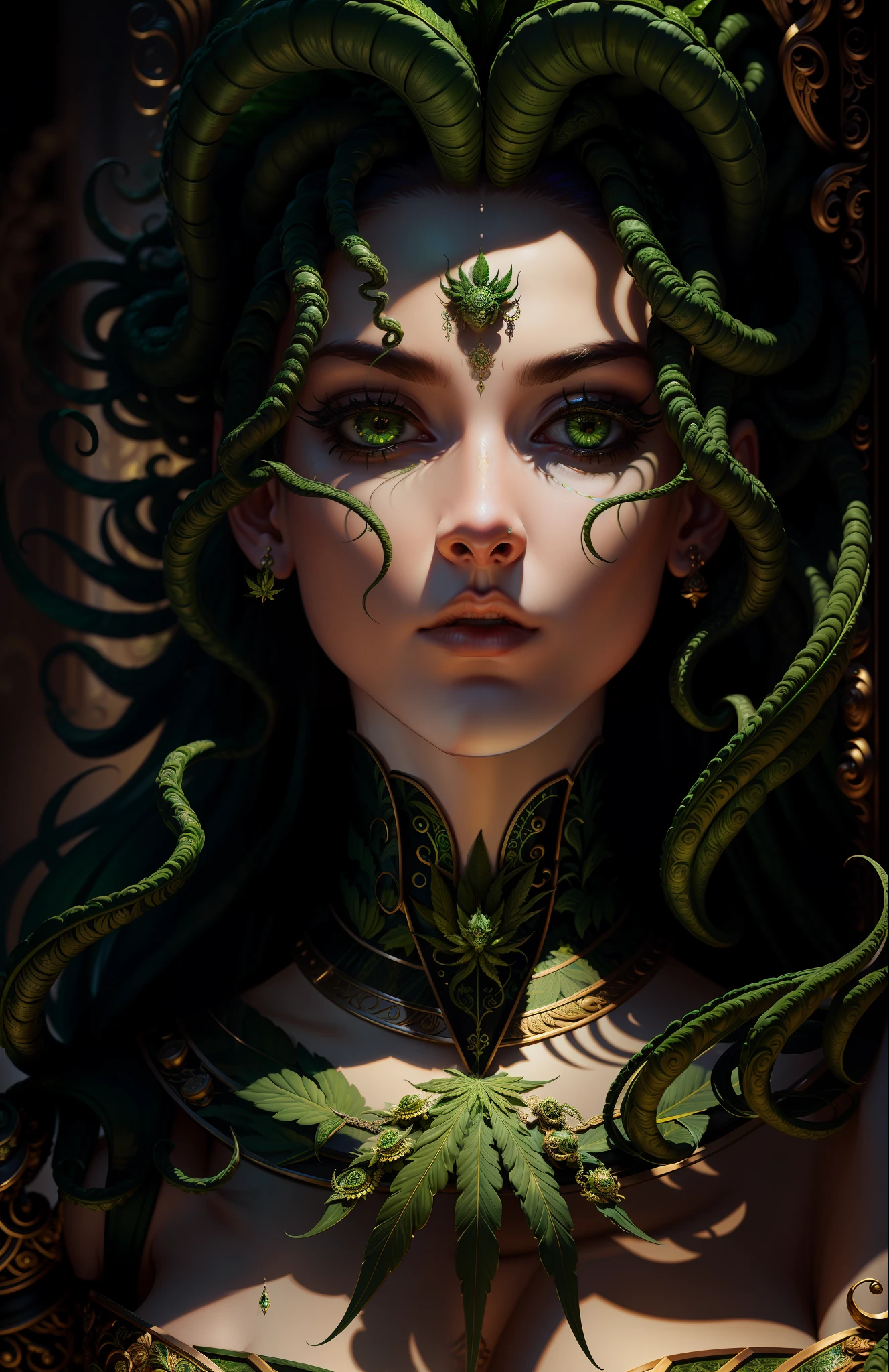 ((best quality)), ((masterpiece)), ((realistic)), Cannabis Medusa, , the hair is composed of cannabis leaves, green eyes, female face, metal carved top, royal aura, trend on artstation , sharp focus, studio photo, intricate detail, very detailed, detailed eye, illustration, very detailed, sharp focus, digital render, professional, 4k