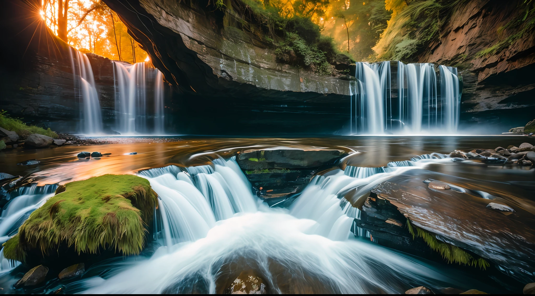 RAW photo of waterfalls at dawn, small details, photorealistic, ultra-realistic photo, 8k uhd, dslr, soft lighting, high quality, grain film, Fujifilm XT3, (masterpiece)