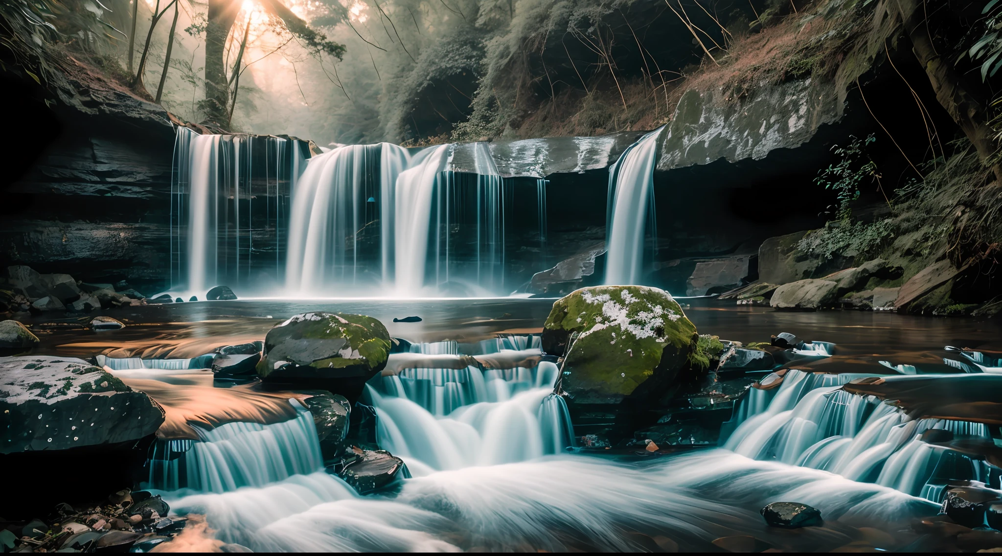 RAW photo of waterfalls at dawn, small details, photorealistic, ultra-realistic photo, 8k uhd, dslr, soft lighting, high quality, grain film, Fujifilm XT3, (masterpiece)