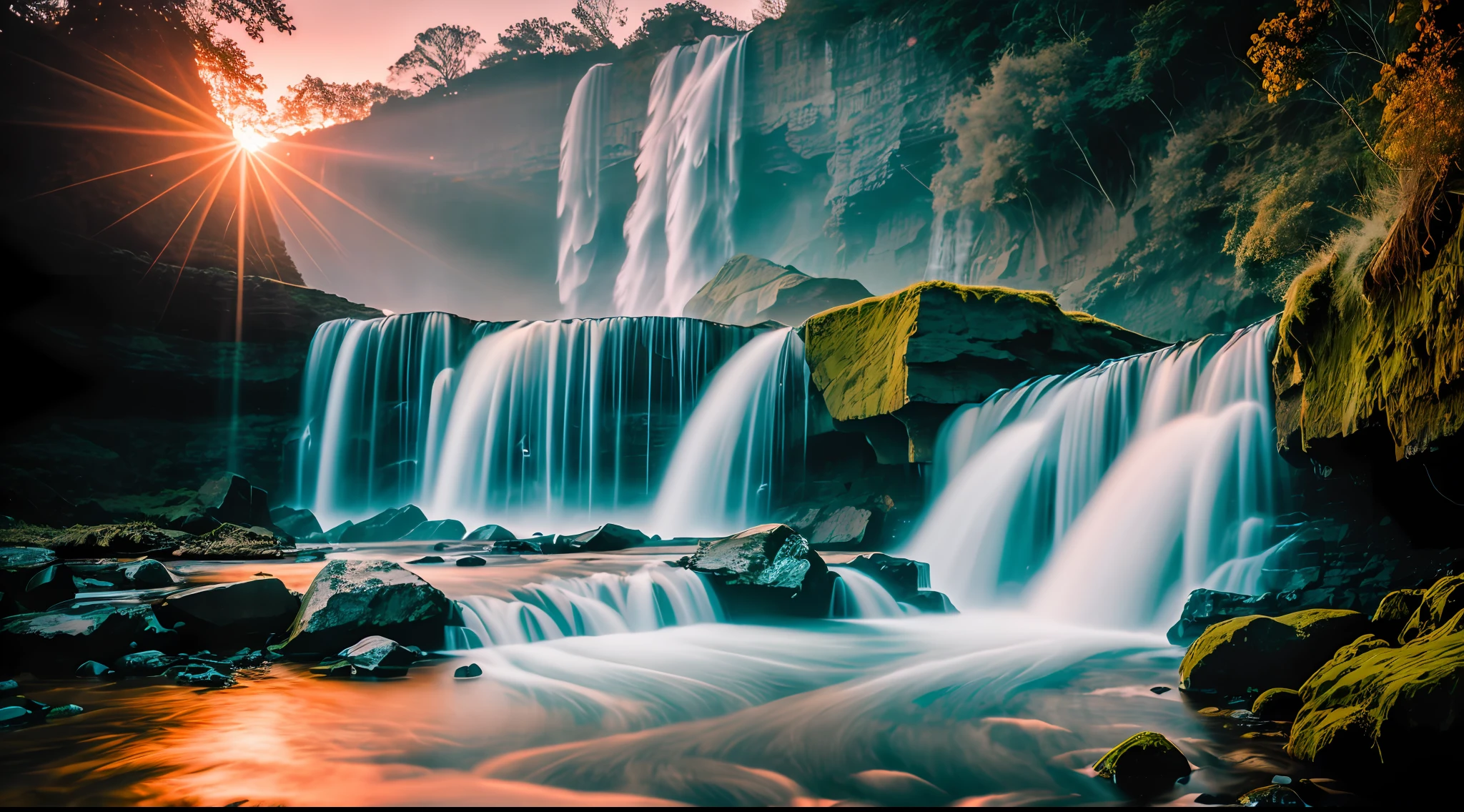 RAW photo of waterfalls at dawn, super detailed, photorealistic, ultra-realistic photo, 8k uhd, dslr, soft lighting, high quality, grain film, Fujifilm XT3, (masterpiece)
