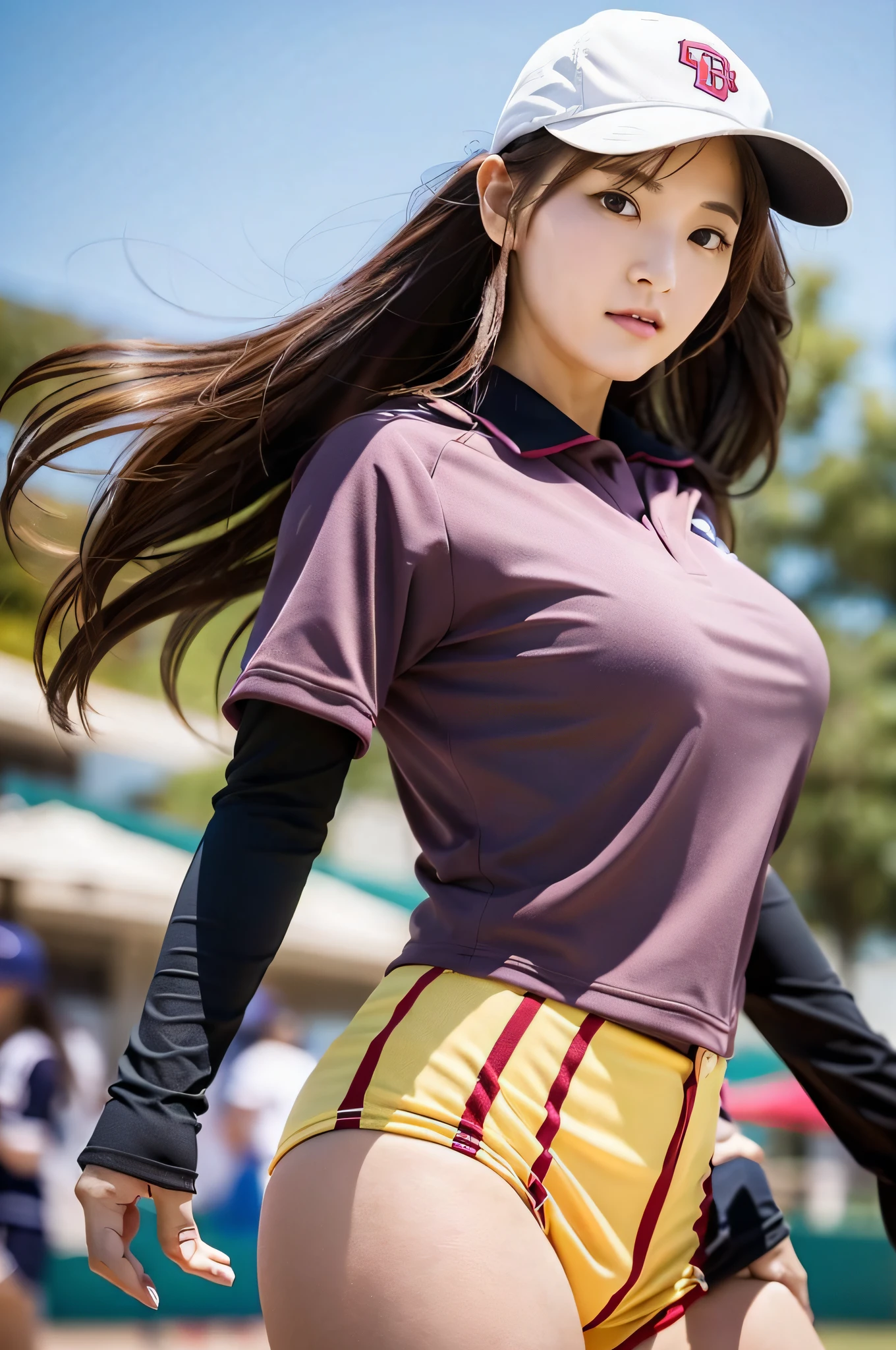 Medium shot, baseball_uniform beautiful woman (very long hair, strong wind: 1.2), big, weapons, bat, slender body, delicate hands, playground, strong sunshine, (sharp focus, eye focus, top quality, realistic details, clear image, high resolution)