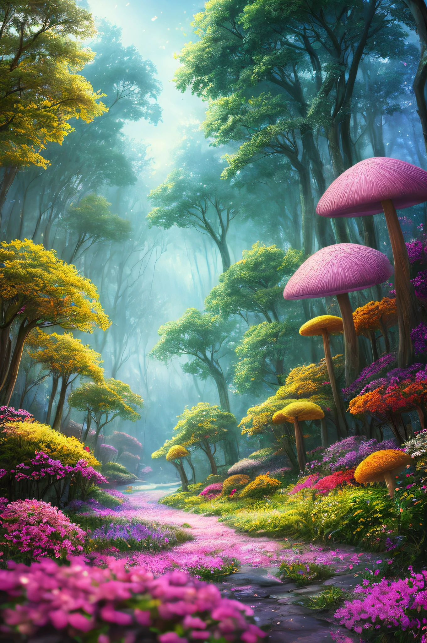 masterpiece, best quality, high quality,extremely detailed CG unity 8k wallpaper, An enchanting and dreamy scene of a fantasy forest, with towering trees, glowing mushrooms, and hidden fairy glens, creating a sense of mystique and enchantment, artstation, digital illustration, intricate, trending, pastel colors, oil paiting, award winning photography, Bokeh, Depth of Field, HDR, bloom, Chromatic Aberration ,Photorealistic,extremely detailed, trending on artstation, trending on CGsociety, Intricate, High Detail, dramatic, art by midjourney