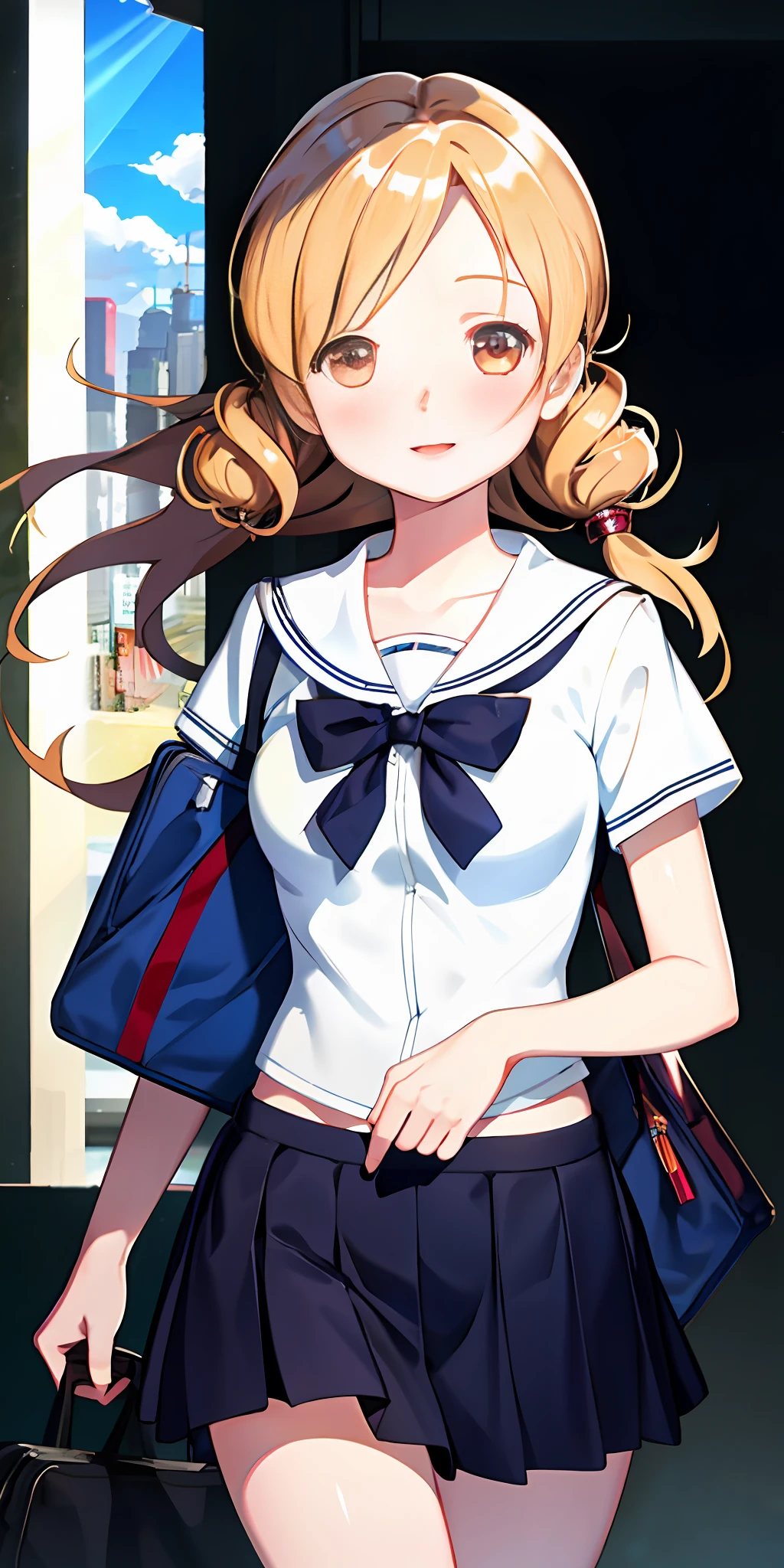 1girl, parted lips, blush, makeup, light smile, school uniform, classroom, school bag, light rays, glow, thighs, collarbone, narrow waist, (masterpiece), wallpaper,