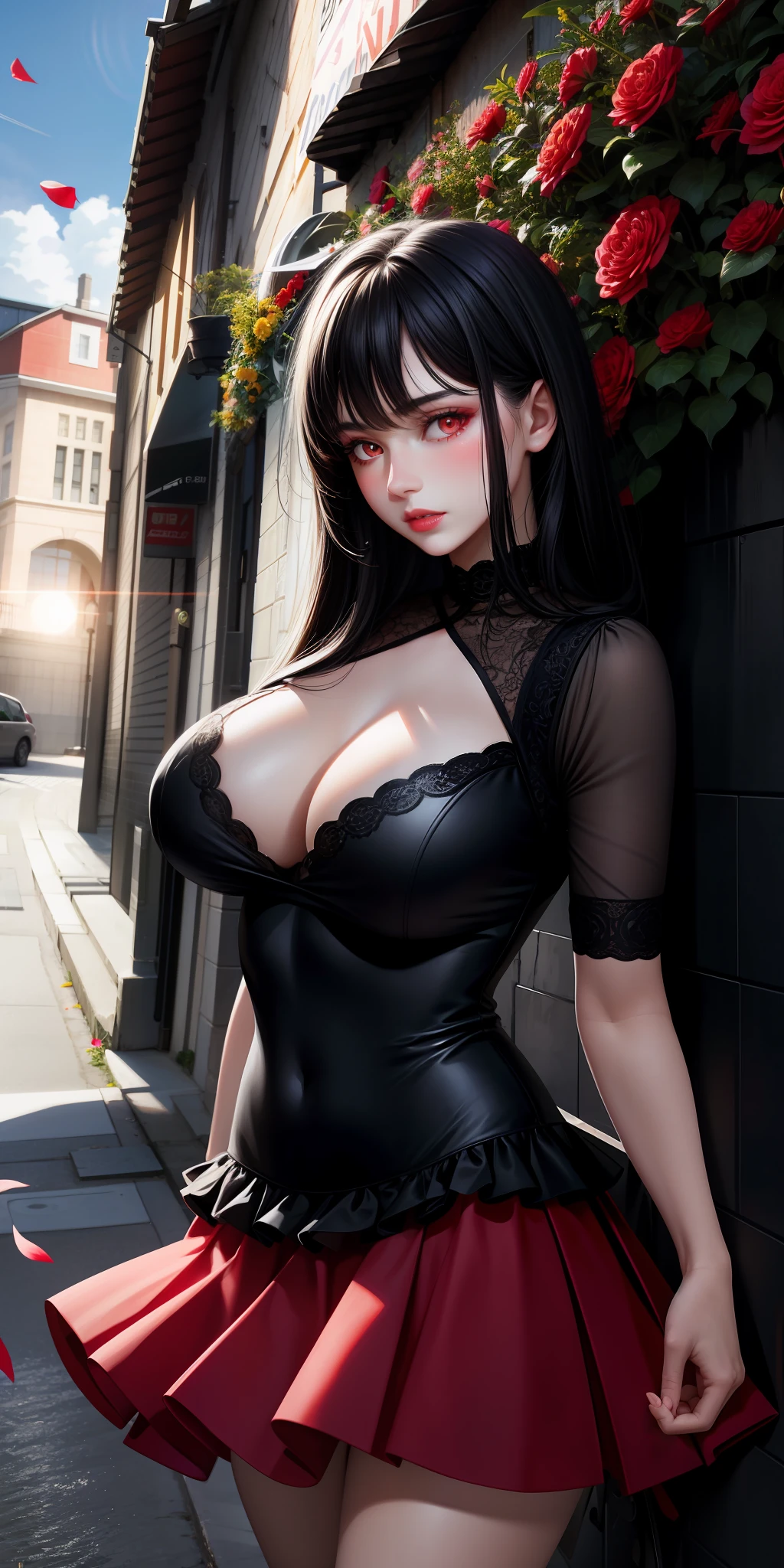 realistic, 1girl, black hair, red eyes, bright eyes, dress, skirt, lips parted, blush, night, flowers, sun, sunlight, large breasts,