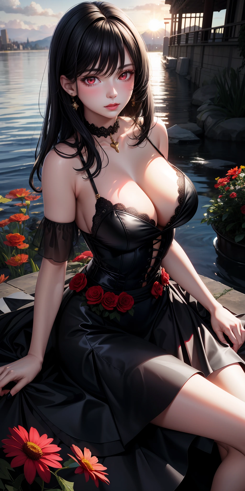 realistic, 1girl, black hair, red eyes, bright eyes, dress, skirt, lips parted, blush, night, flowers, sun, sunlight, large breasts,