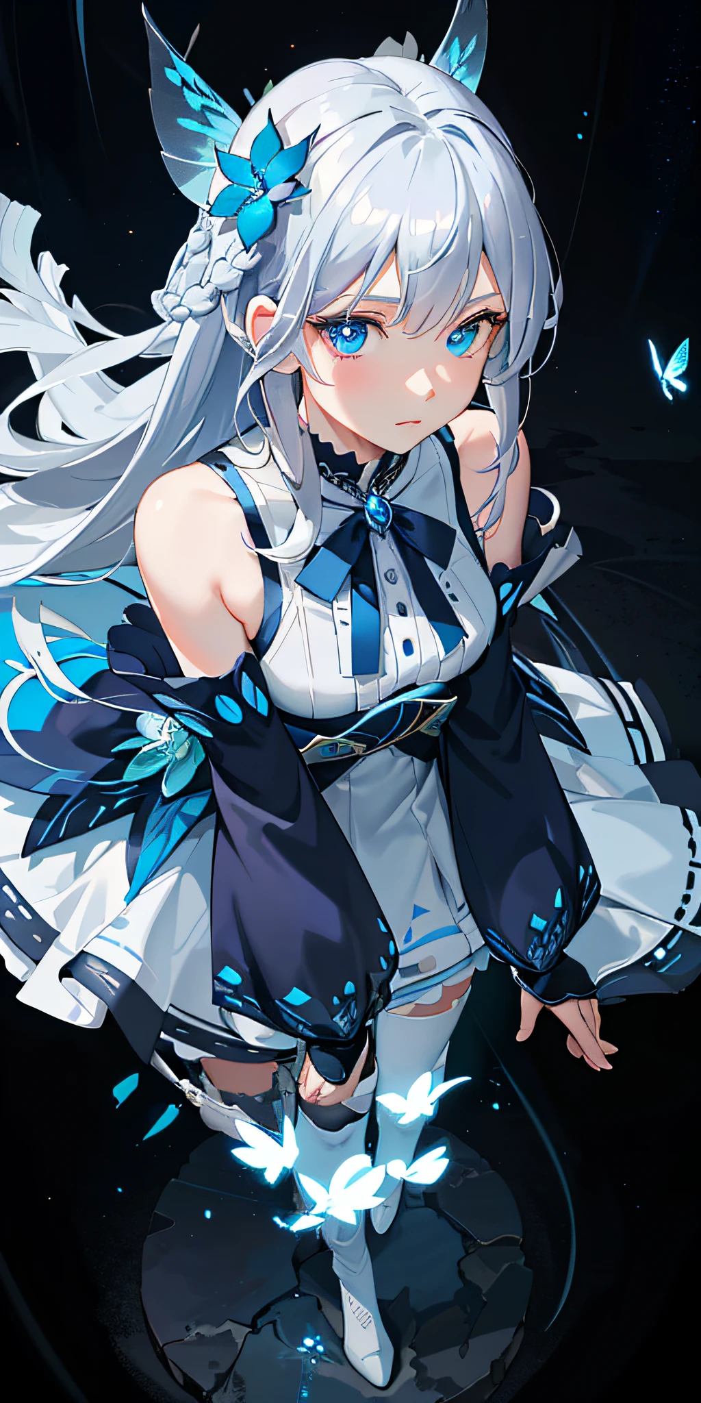 (Overhead view),dynamic angle,ultra-detailed, illustration, close-up, straight on, 1girl, (fantasy:1.4), (azure blue eyes:1.233),Her eyes shone like dreamy stars,(glowing eyes:1.233),(beautiful and detailed eyes:1.1),(Silver hair:1.14),(messy hair,very long hair,french braid,hair between eyes,sidelocks), (+(bule hair flower:1.14)),(chiffon dress,bule flower pattern in uniform)/=(military uniform:1.24),(detached sleeves,wide sleeves),(fingerless gloves),choker,(miko thighhighs),High heeled boots,(expressionless,closed mouth),(standing), (classical Princess boudoir with dressing tableand french windowin a white ancient palaces),(white flowers,bloom),(abysmal sea),(flowing water),(a dull blue world tree:1.14),(ruins),(night:1.2),dreamy,soul,(fluorescence),(flying translucent blue butterflies:1.15), [[delicate fingers and hands:0.55]::0.85],(detail fingers),(yubao:0.5),