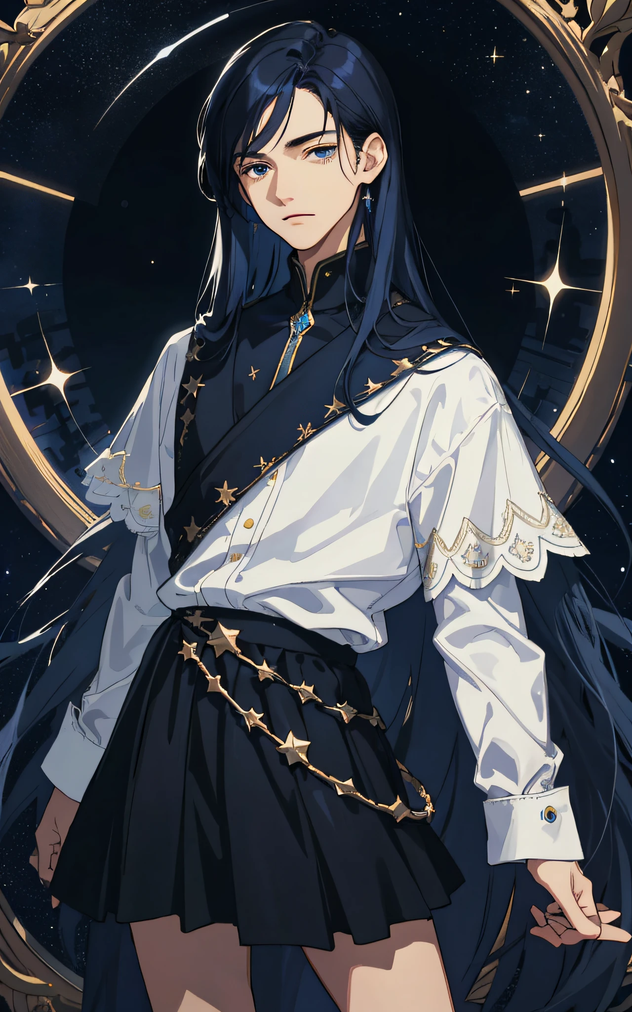 Masterpiece, best quality, ager, male, long dark blue hair, straight hair, qi bangs, expressionless, intricate details, delicate face, prominent face, black skirt, dark night, starry sky, stars, black, blue, light gold, black background