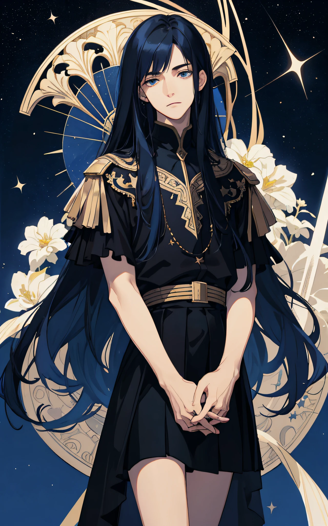 Masterpiece, best quality, teenager, male, long dark blue hair, straight hair, qi bangs, expressionless, intricate details, delicate face, prominent face, black skirt, dark night, starry sky, stars, black, blue, light gold, black background
