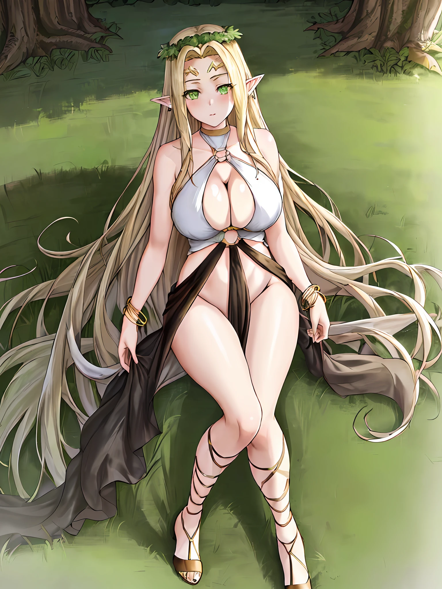 ((1girl, solo, grass, nature background, tall elf, no panties, masterpiece, best quality, bracelet, celestine lucullus)), green eyes, very wide-eyed, skinny, floating hair, big pupil, blush, seductive, black outline, blonde hair, straight hair, seductive eyes, mature female, very long hair, lace up heels, ((looking at viewer, laying, from above, cleavage, Beautiful large breasts, laurel crown, slim thighs, o-ring, circlet))