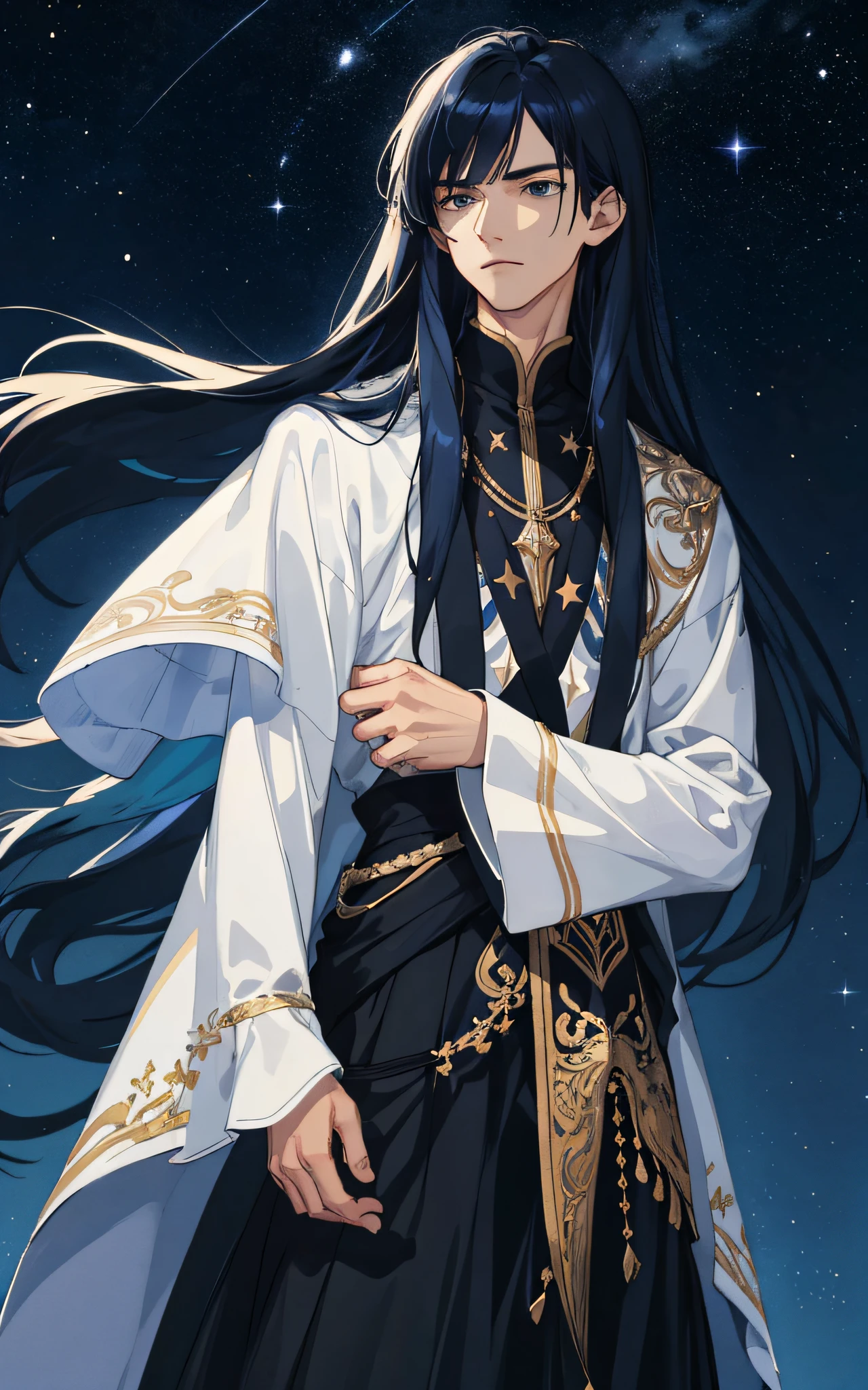 Masterpiece, best quality, teenager, male, long dark blue hair, straight hair, qi bangs, expressionless, intricate details, delicate face, prominent face, black skirt, dark night, starry sky, stars, black, blue, light gold, black background
