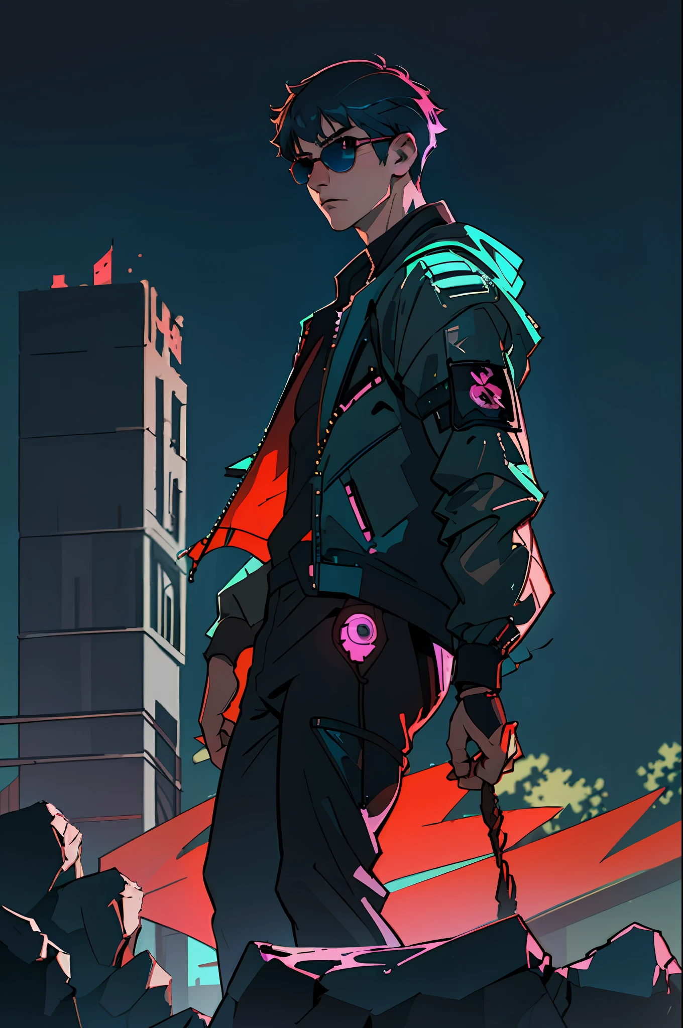 (best quality, masterpiece1.2), (detailed eye: 1.2), complex detail, depth of field, 1boy, Man, Men, boy, city, cyberpunk, neon, neon lights, night, moon, three-quarter view, rope, sunglasses, oldman, military