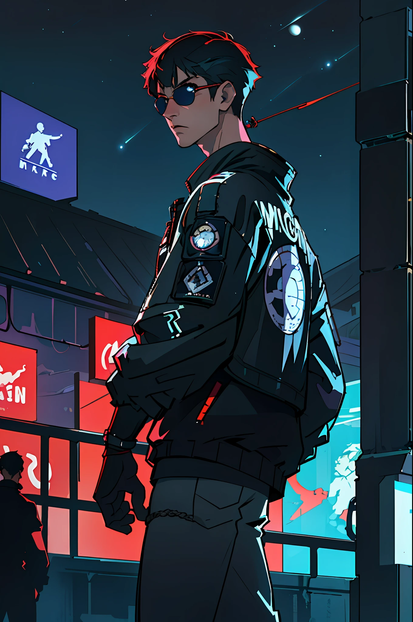 (best quality, masterpiece1.2), (detailed eye: 1.2), complex detail, depth of field, 1boy, Man, Men, boy, city, cyberpunk, neon, neon lights, night, moon, three-quarter view, rope, sunglasses, oldman, military