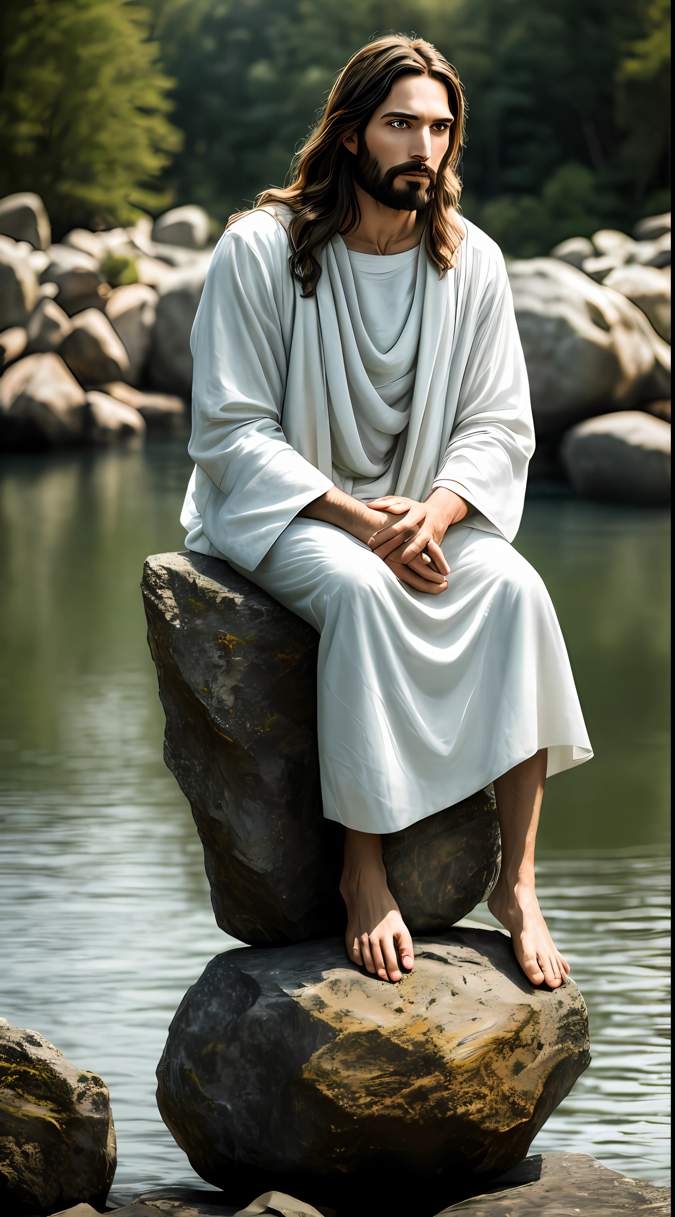 portrait of modern Jesus, sitting on a rock, lake, cinematic lighting, depth of field, bokeh, realism, photorealistic, hyperrealism, professional photography, uhd, dslr, hdr