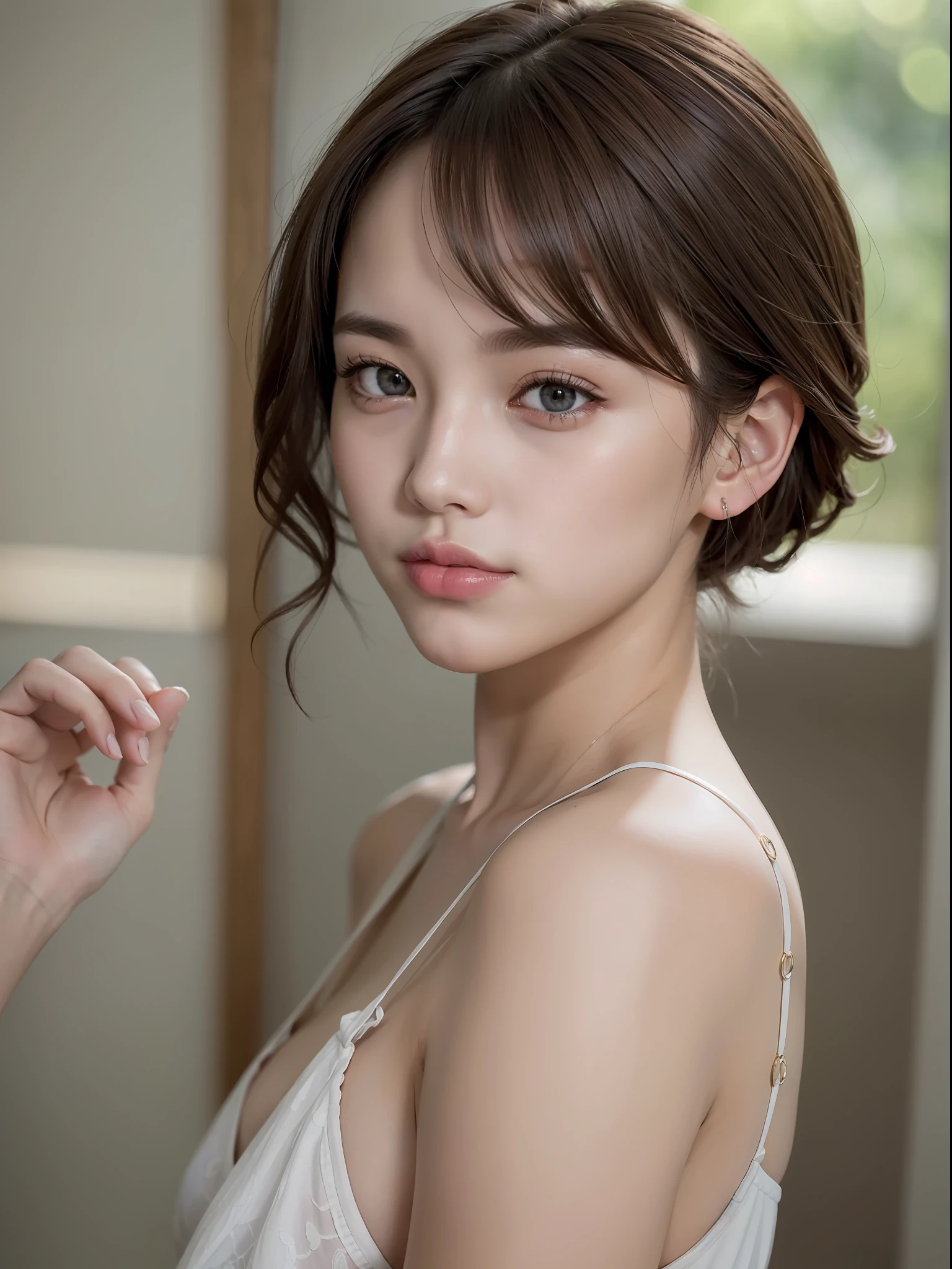 ((Best quality, 8k, Masterpiece: 1.3)), Sharp focus: 1.2, (1 AESPA girl: 1.1), (realistic, photo-realistic:1.37), beautiful face, cute face, small breasts, flat chest, brunette short messy hair, arm behind head, white clothes, hotel, bathroom, sunlight, kindness, cinematic lighting, (8k, masterpiece, best quality, raw photo)