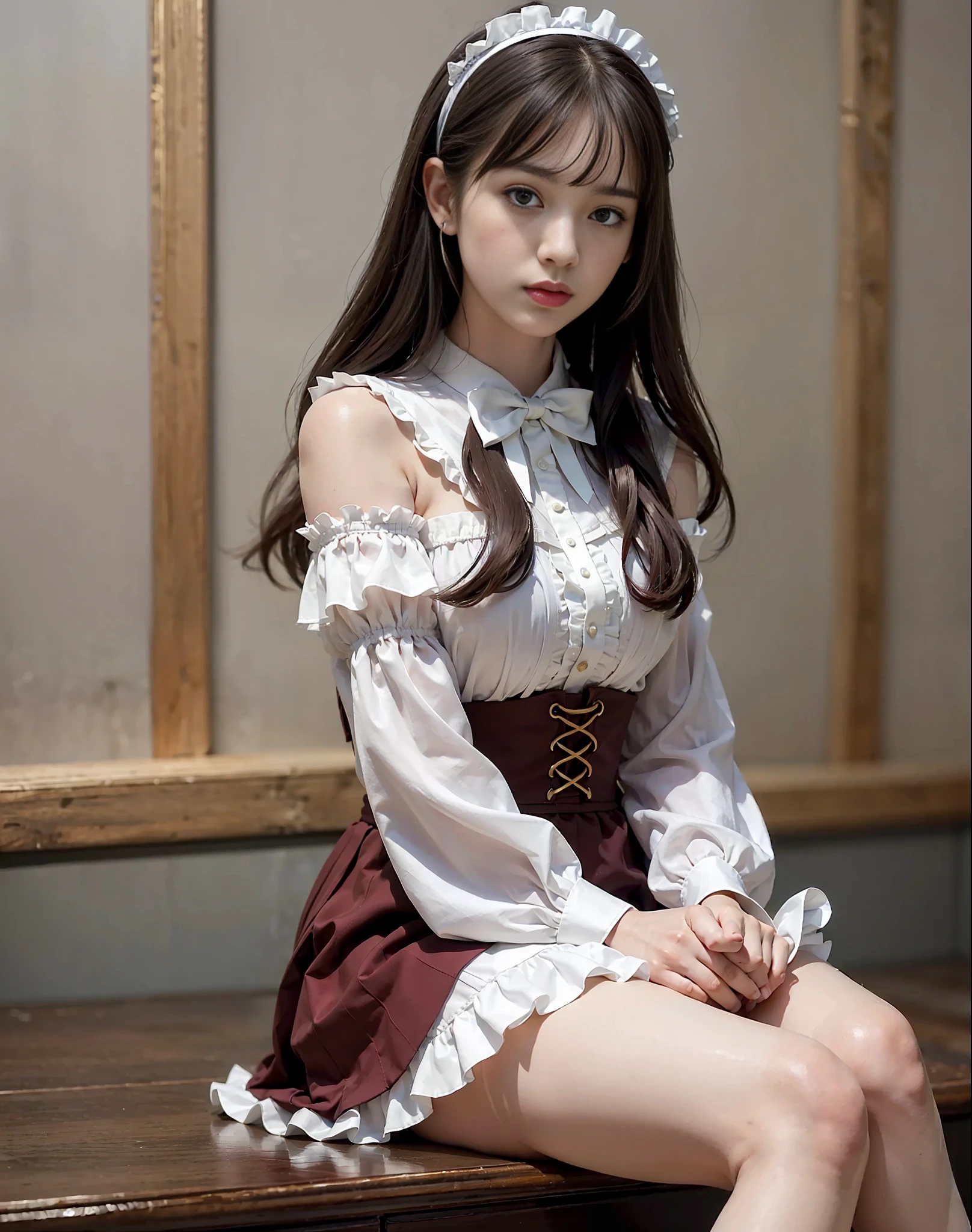 (Raw Photos: 1.2), (Photorealistic: 1.4), Beautiful Detailed Girl, Highly Detailed Eyes and Face, Beautiful Detailed Eyes, Ridiculous, Incredibly Ridiculous, Huge File Size, Ultra Detailed, High Resolution, Very Detailed, Best Quality, (Bright Indoors), (Soft Light), (Low Contrast), (Shallow Depth of Field), ( Portrait of a beautiful woman illuminated by gentle light), (very delicate and elegant depiction), (short length bangs), (hair color is a dark maroon shade with a slight brown tone), (subtle and gentle wavy hair), (small braid intricately woven on the sides of long hair), (decorated with thin ribbons), (white blouse with small ruffles), (bow tie), (blue long skirt), (( Bare skin calves)), ((ruffled white ankle-length silk socks))), illustration, very detailed, CG, unification, 8k wallpaper, amazing, fine detail, top quality, face light, movie lighting, 1 girl, 24 years old, (without panties)), (dynamic pose)), (bent knees and legs sitting), (((フリルの白い足首丈のシルクソックス)))、