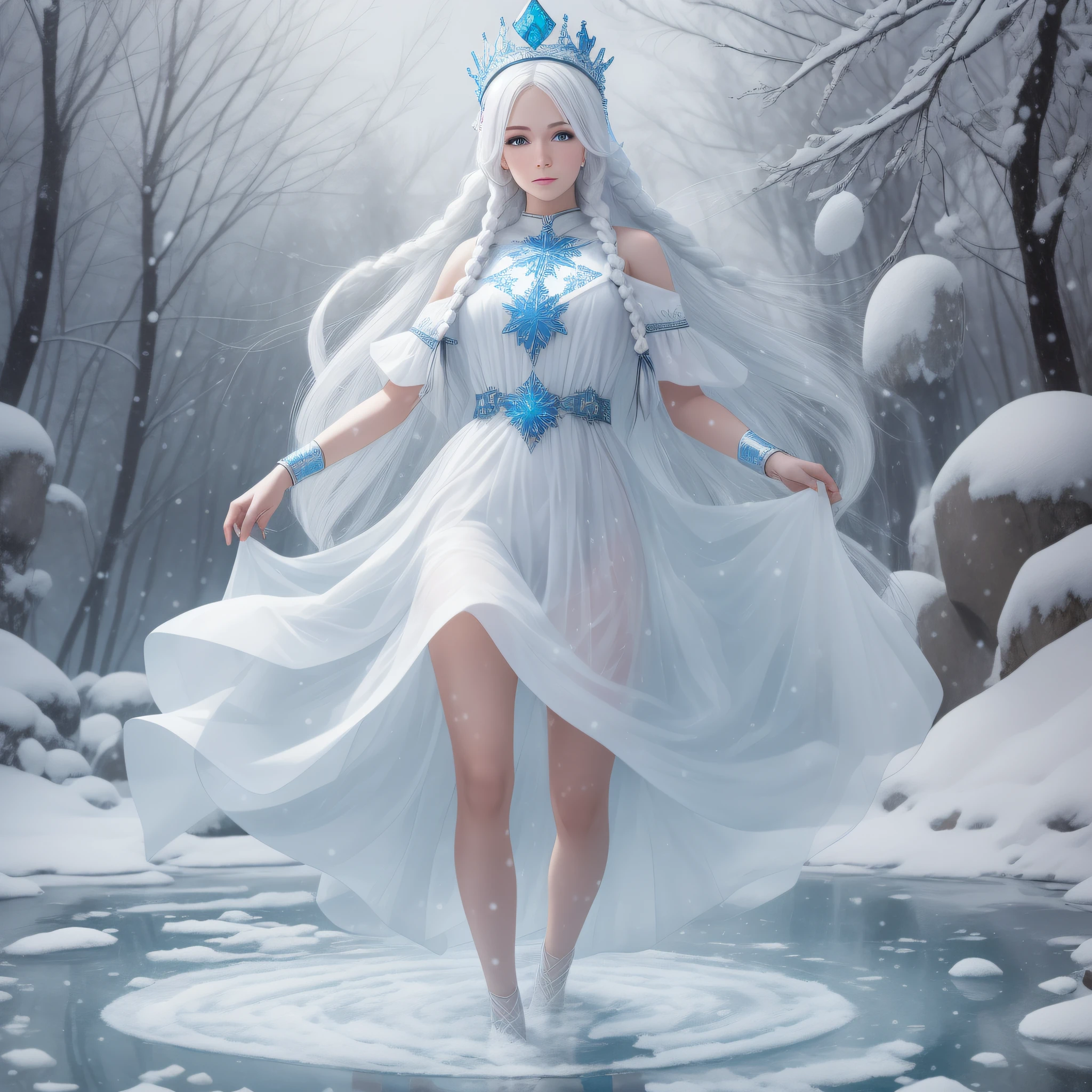 The Snow Maiden, a white ice girl made of glass with a crown on her head, with a thin body and thin features, long white braids of hair, dressed in a Russian long closed sundress to the ground of white and blue, her legs melted turning into a puddle of water on the ground, translucent ice unrealistic, magical, white hair and white outfit in the Slavic style, a kokoshnik crown on her head,  gemstones, ice, snowflakes, full-length standing, spring, melting ice, grass, snowdrops