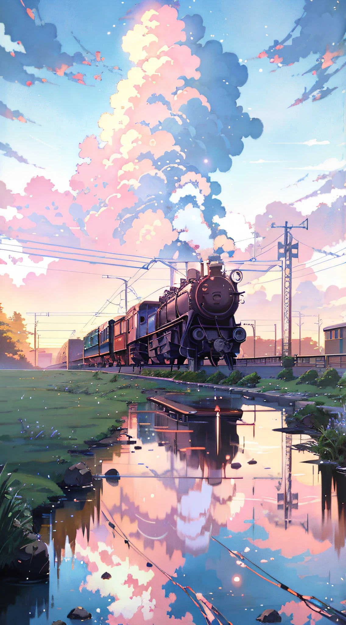 Anime train on tracks through body of water, image by Makoto Shinkai, pixiv, concept art, lofi art style, reflection. Enhanced detail, perfect picture quality. by makoto shinkai, lofi art, beautiful anime scenes, anime scenery, detailed scenery—width 672, in style of makoto shinkai, style of makoto shinkai