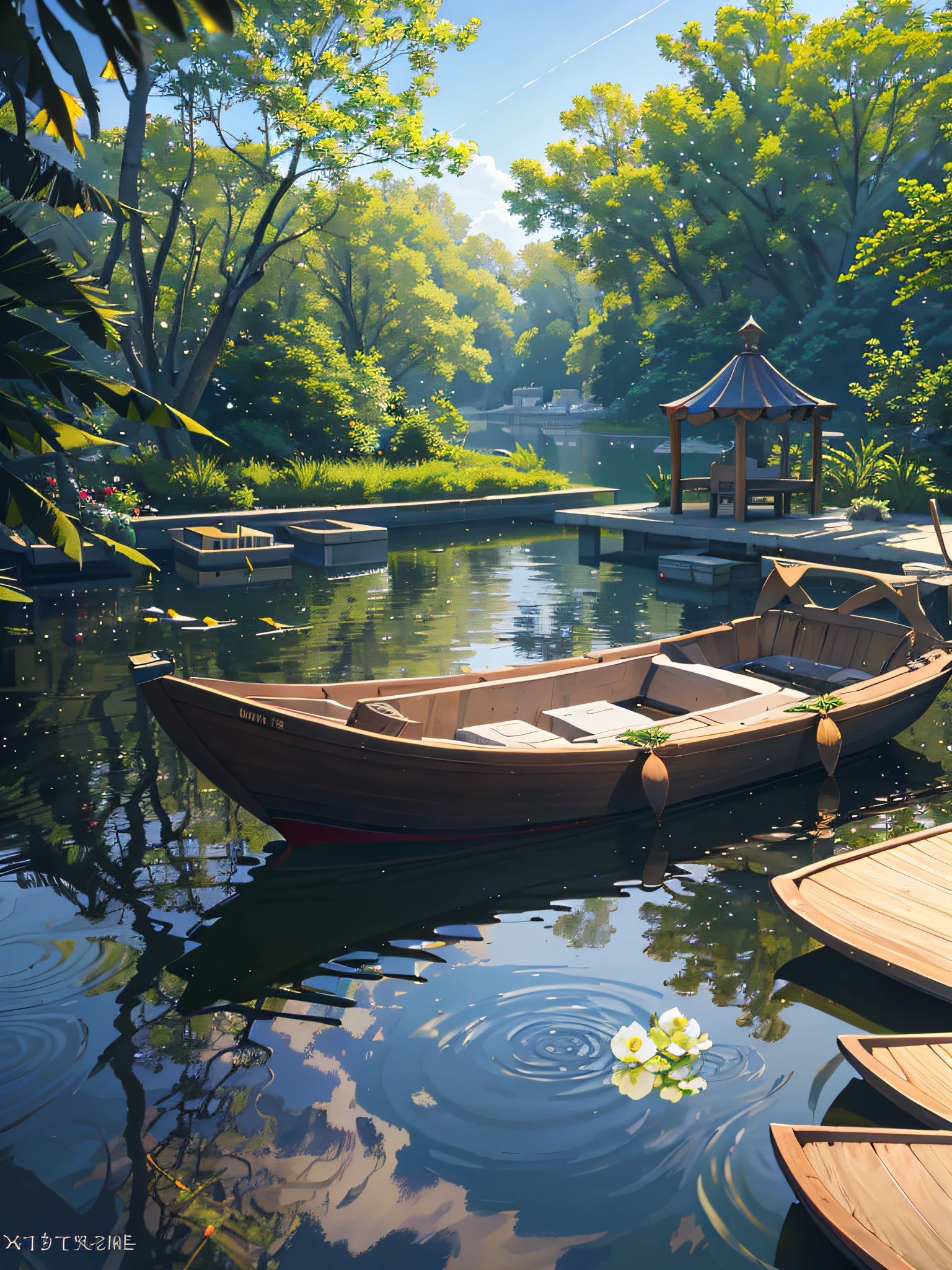 Wallpaper, summer pond, pond, boats, afternoon sun, pond background, depth of field, hot weather, high definition detail, wet watermark, ultra detail, film, surrealism, soft light, deep field focus bokeh, ray tracing, diffuse (ultrafine glass reflections) and surrealism. --v6