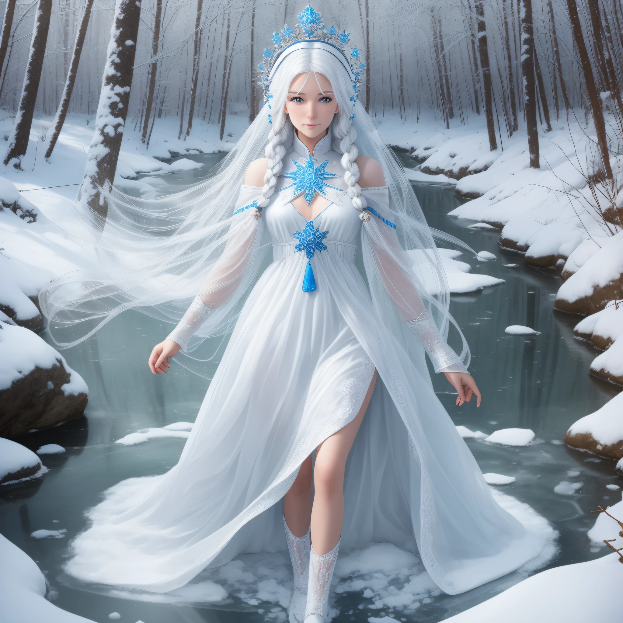 The Snow Maiden, a white ice girl made of glass with a crown on her head, with a thin body and thin features, long white braids of hair, dressed in a Russian long closed sundress to the ground of white and blue, her legs melted turning into a puddle of water on the ground, translucent ice unrealistic, magical, white hair and white outfit in the Slavic style, a kokoshnik crown on her head, gemstones, ice, snowflakes, full-length standing, spring, melting ice, grass, snowdrops