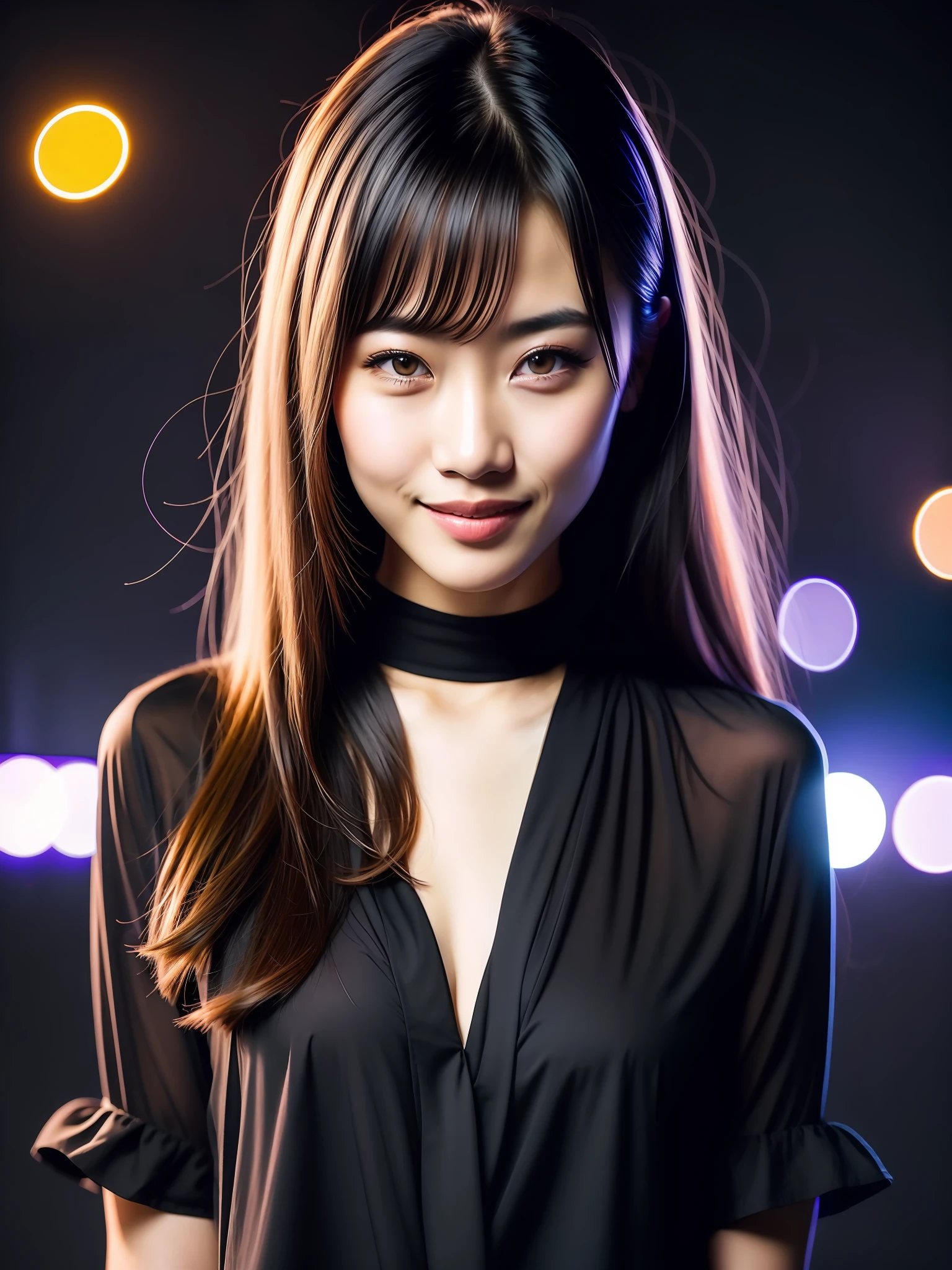 Night scene, full body photo of a sexy Korean girl, posing, wearing a long black blouse, looking at the camera and smiling, hair with long black bangs, beautiful young face, soft neon lights, soft details in 4K resolution