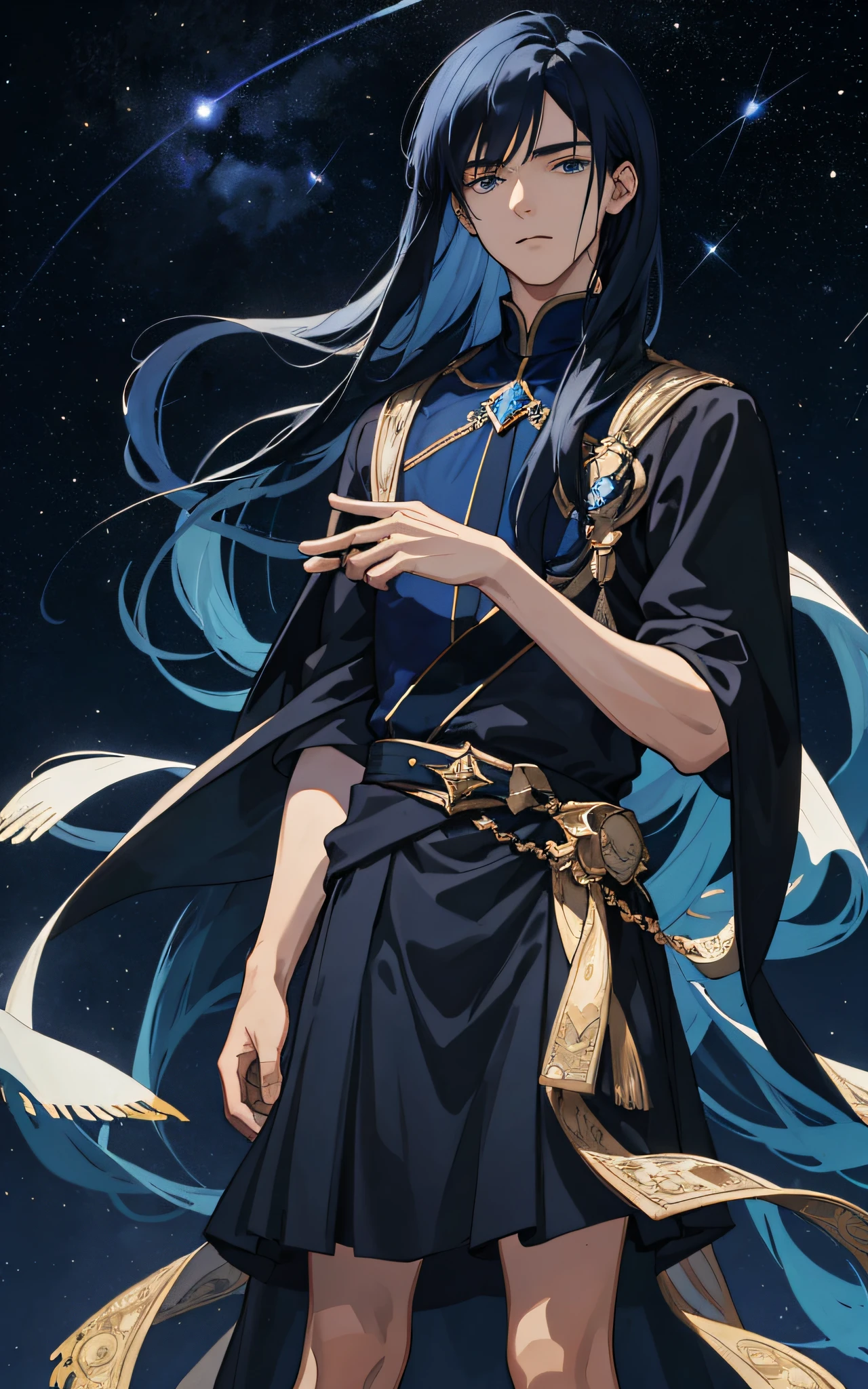 Masterpiece, best quality, teenager, male, long dark blue hair, straight hair, qi bangs, expressionless, intricate details, delicate face, prominent face, black skirt, dark night, starry sky, stars, black, blue, light gold, black background