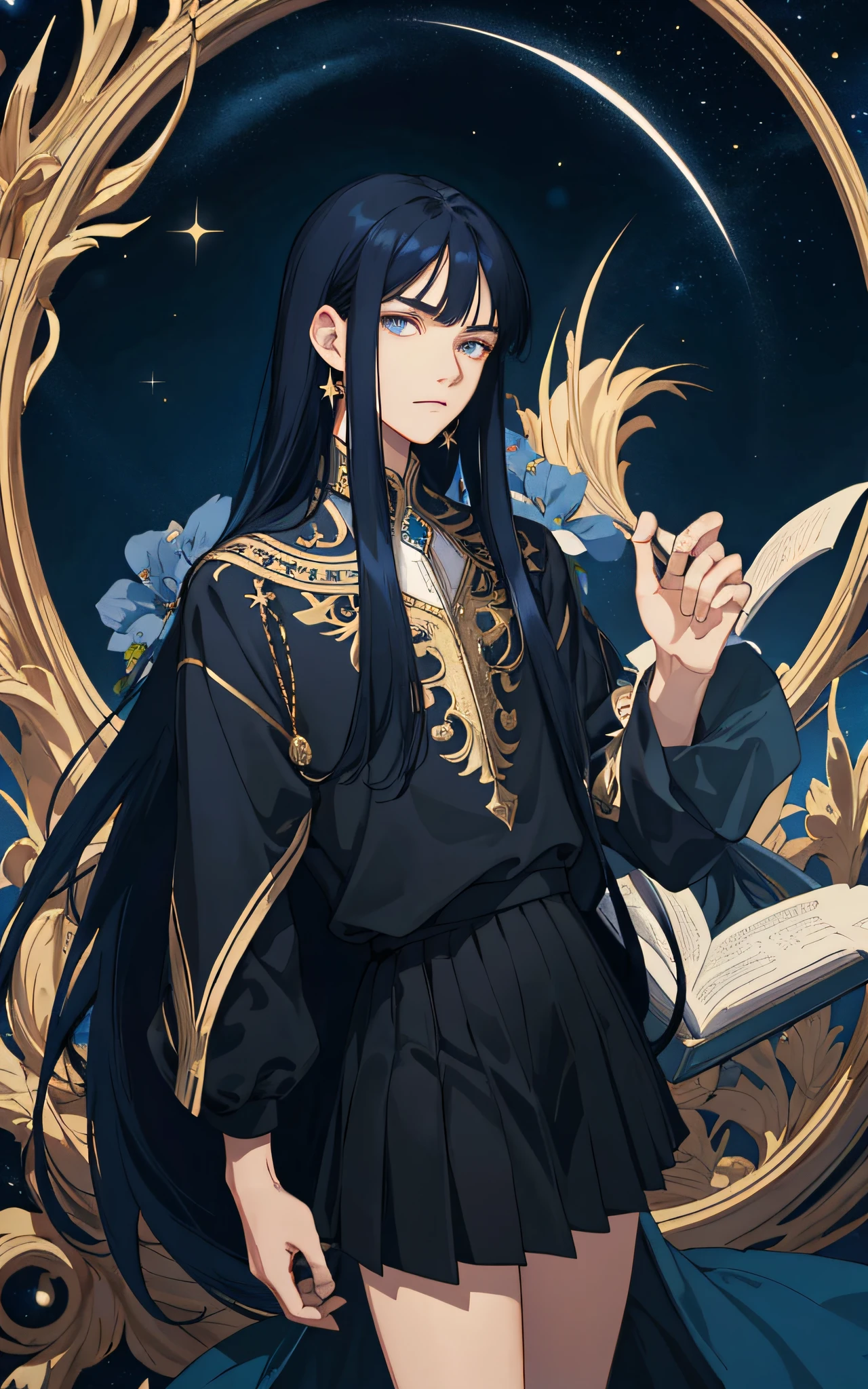 Masterpiece, best quality, teenager, male, long dark blue hair, straight hair, qi bangs, expressionless, intricate details, delicate face, prominent face, black skirt, dark night, starry sky, stars, black, blue, light gold, black background