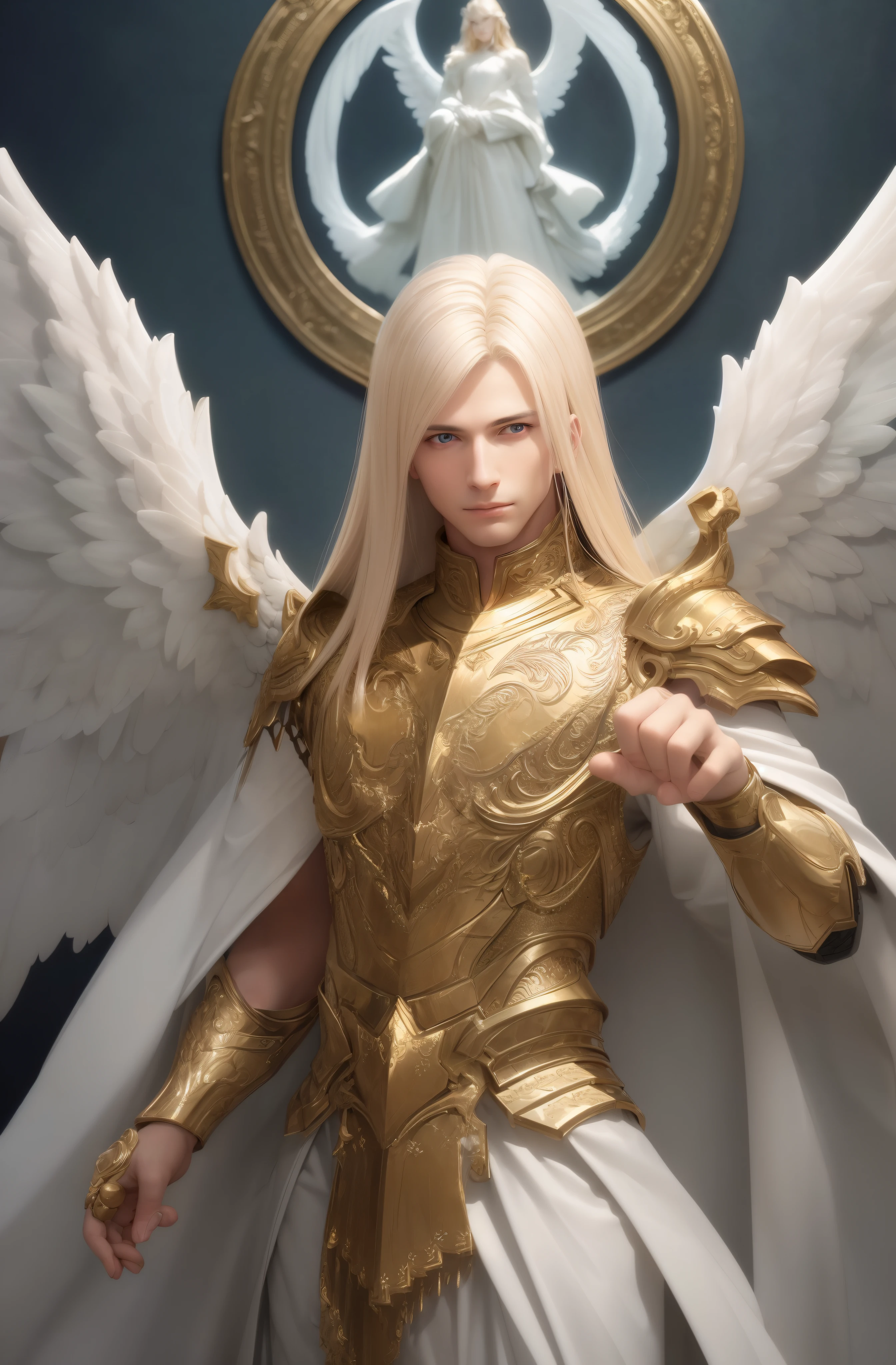 best quality, masterpiece, upper body,
bright highlights, (extremely detailed CG unity 8k wallpaper), handsome young man, angelic wings, halo,
(male, man), long hair, serious, dramatic pose, shiny armor, knight, cinematic lighting, photorealistic, dynamic pose, sharp-focus, Dynamic composition, 80s fantasy art, (photorealistic:1.4), (masterpiece, finely detailed beautiful eyes: 1.2), masterpiece*portrait, realistic, 3d face, glowing eyes, blonde hair,
1920s plunging neckline dress