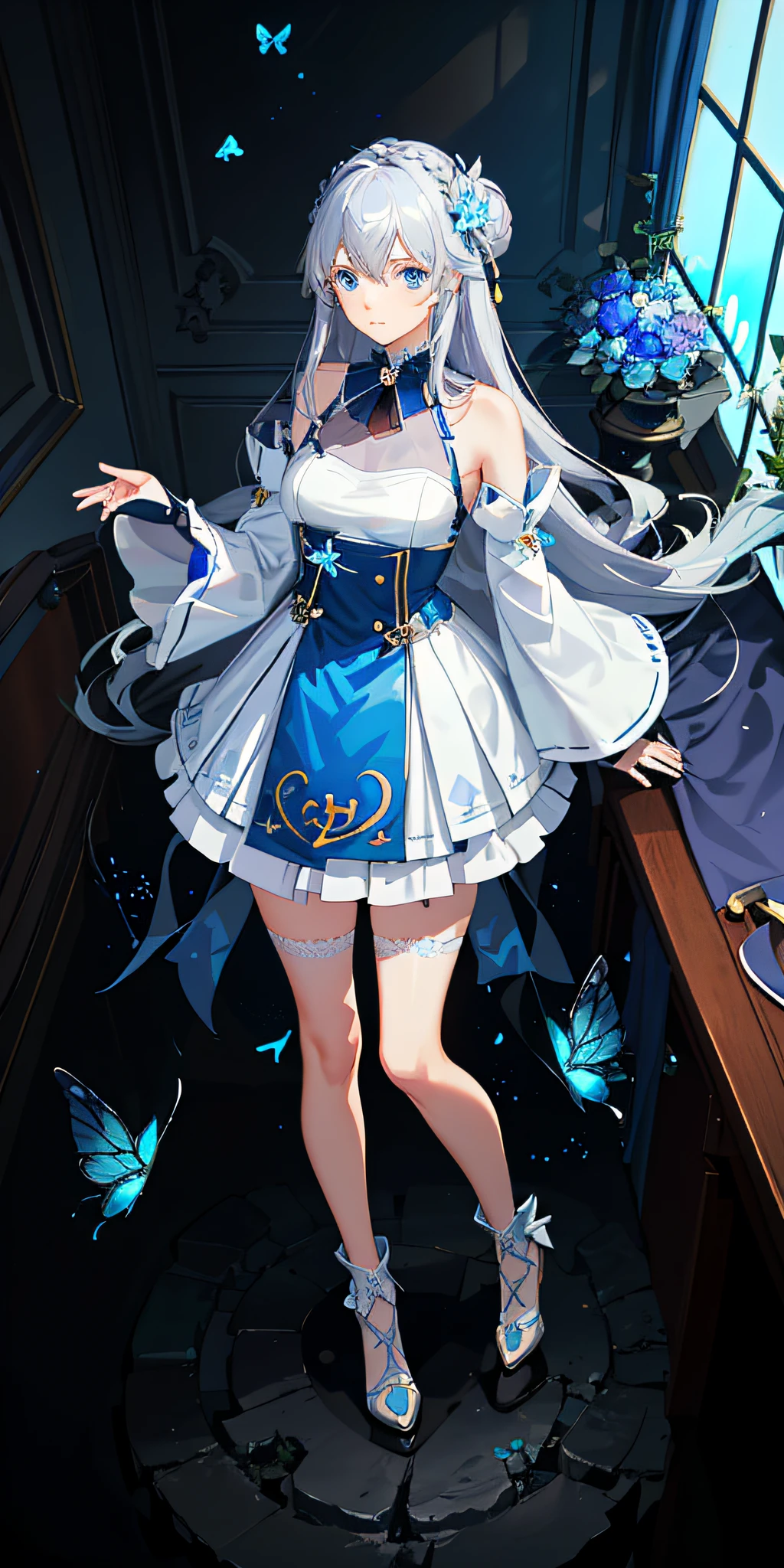 (Overhead view),dynamic angle,ultra-detailed, illustration, close-up, straight on, 1girl, (fantasy:1.4), (azure blue eyes:1.233),Her eyes shone like dreamy stars,(glowing eyes:1.233),(beautiful and detailed eyes:1.1),(Silver hair:1.14),(messy hair,very long hair,french braid,hair between eyes,sidelocks), (+(bule hair flower:1.14)),(chiffon dress,bule flower pattern in uniform)/=(military uniform:1.24),(detached sleeves,wide sleeves),(fingerless gloves),choker,(miko thighhighs),High heeled boots,(expressionless,closed mouth),(standing), (classical Princess boudoir with dressing tableand french windowin a white ancient palaces),(white flowers,bloom),(abysmal sea),(flowing water),(a dull blue world tree:1.14),(ruins),(night:1.2),dreamy,soul,(fluorescence),(flying translucent blue butterflies:1.15), [[delicate fingers and hands:0.55]::0.85],(detail fingers),(yubao:0.5),