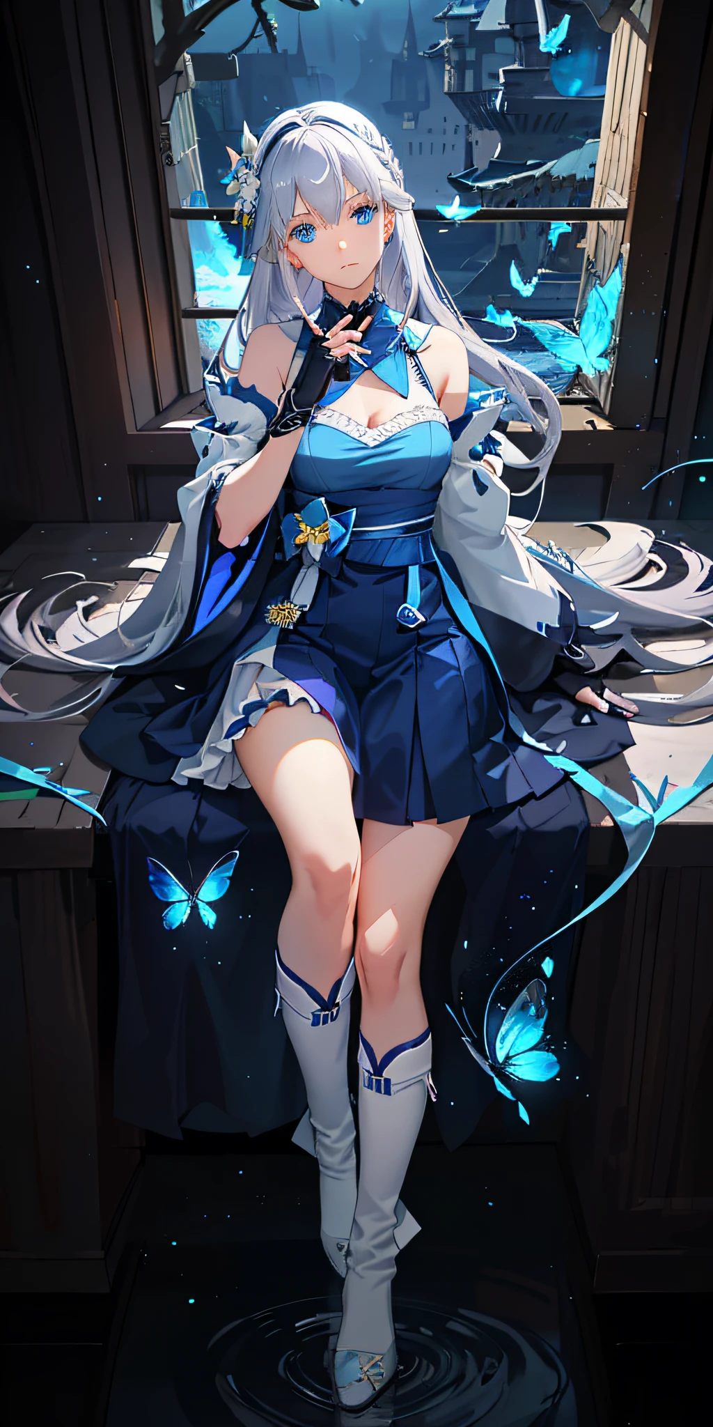 (Overhead view),dynamic angle,ultra-detailed, illustration, close-up, straight on, 1girl, (fantasy:1.4), (azure blue eyes:1.233),Her eyes shone like dreamy stars,(glowing eyes:1.233),(beautiful and detailed eyes:1.1),(Silver hair:1.14),(messy hair,very long hair,french braid,hair between eyes,sidelocks), (+(bule hair flower:1.14)),(chiffon dress,bule flower pattern in uniform)/=(military uniform:1.24),(detached sleeves,wide sleeves),(fingerless gloves),choker,(miko thighhighs),High heeled boots,(expressionless,closed mouth),(standing), (classical Princess boudoir with dressing tableand french windowin a white ancient palaces),(white flowers,bloom),(abysmal sea),(flowing water),(a dull blue world tree:1.14),(ruins),(night:1.2),dreamy,soul,(fluorescence),(flying translucent blue butterflies:1.15), [[delicate fingers and hands:0.55]::0.85],(detail fingers),(yubao:0.5),