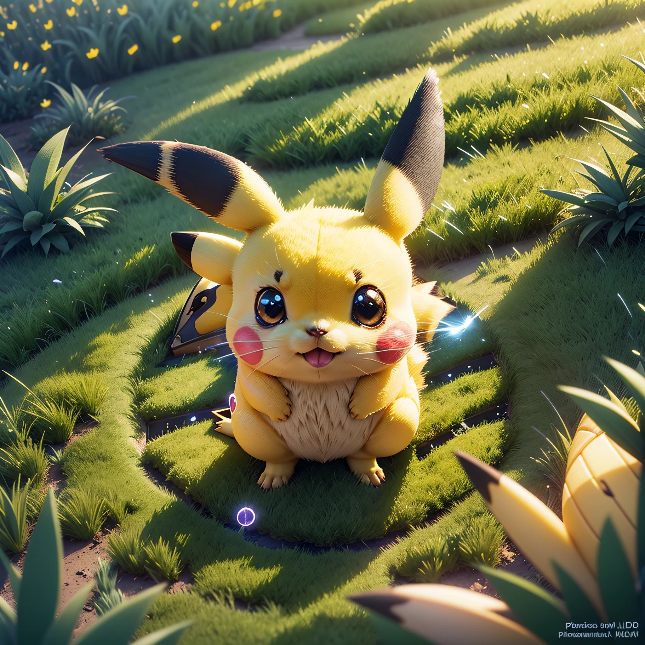 Pikachu lawn bulbs, light effects, electric light, flash, glow, animation, special effects production, rendering, keyframe animation, glow special effects, particle effects, lighting, shadows, materials, 3D modeling video production, visual effects design, software technology, HDR, high quality, high resolution, restore animation effects, cute, shy --auto --s2