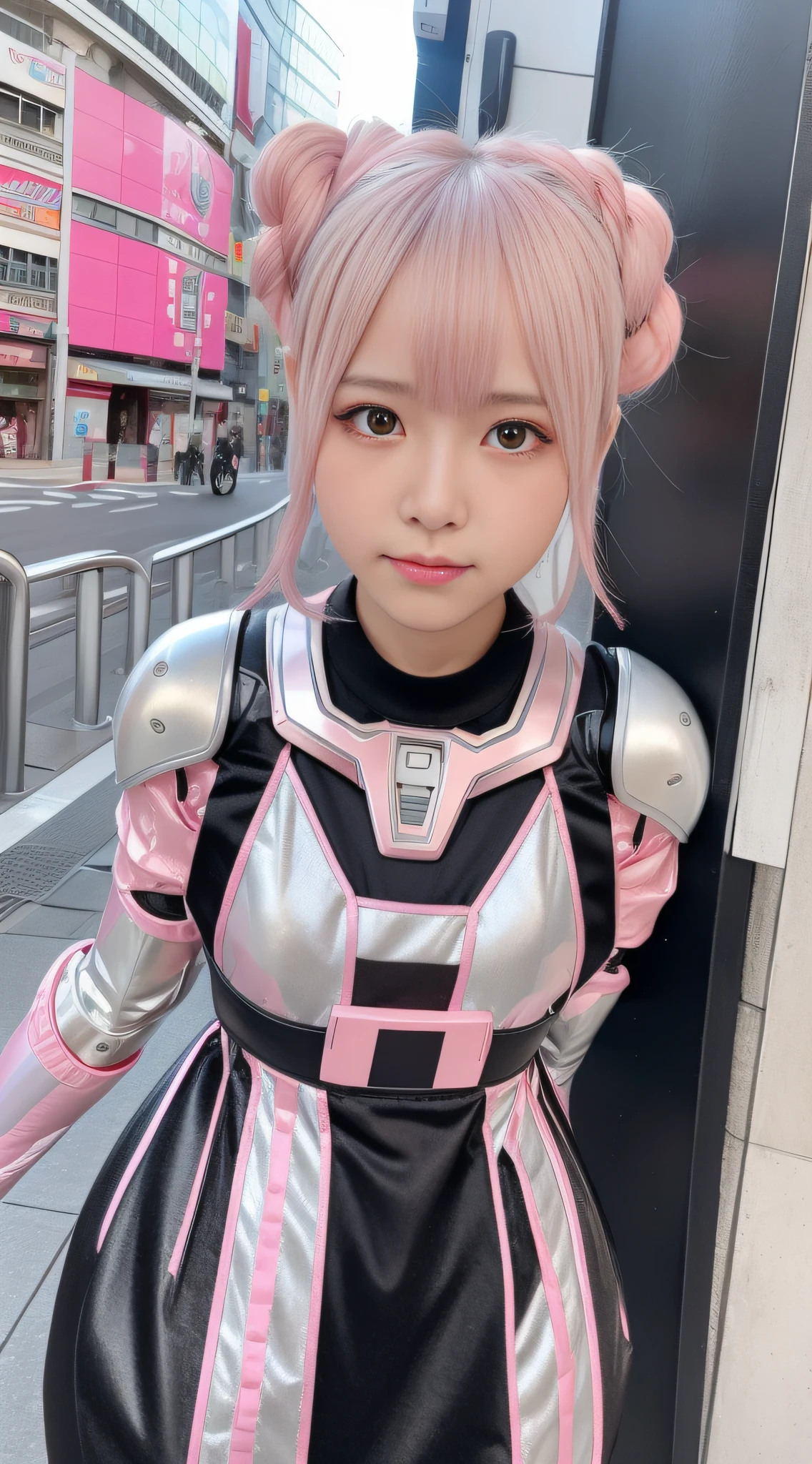 Mecha Girl, Pink, Silver, Pink, Metallic, Robot Parts, Detailed Face, Top Quality, Small Face, Full Body, Standing, Black Hair, Half Twin, Thin, Camera Gaze, Mecha Exposure, Idol, Live Action,, 7 Heads, Gravure, Photo Session, Akihabara, Moe, Front