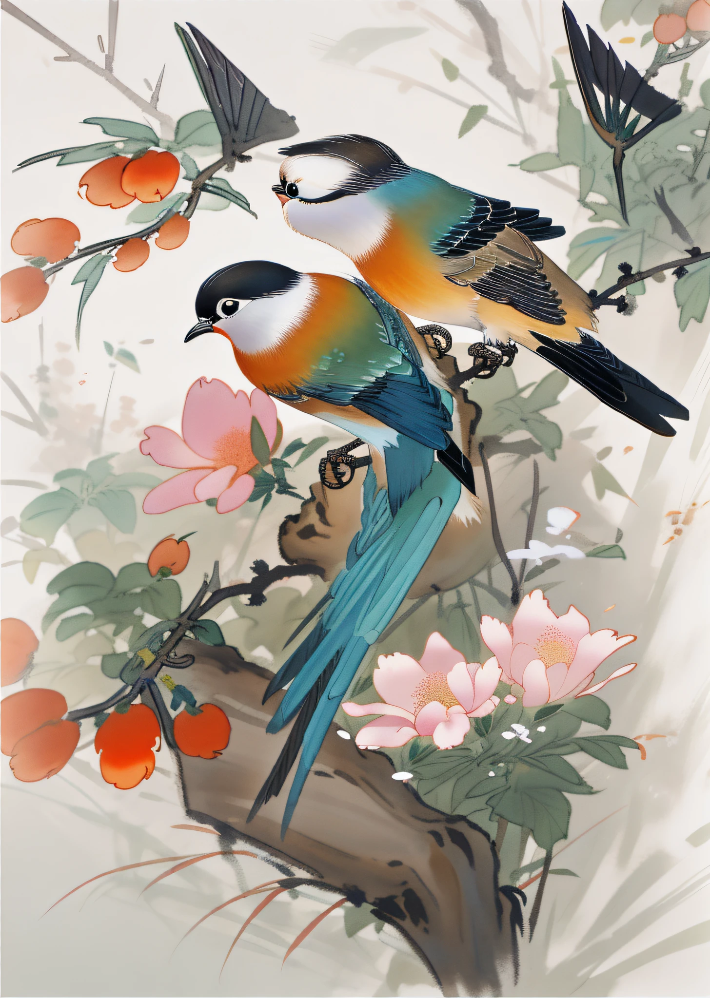 Flowers and birds, [(white background:1.5)::5], medium view, full body, chinoiserie, flowers, stone fragments, beautiful and delicate water, wood grain floor,