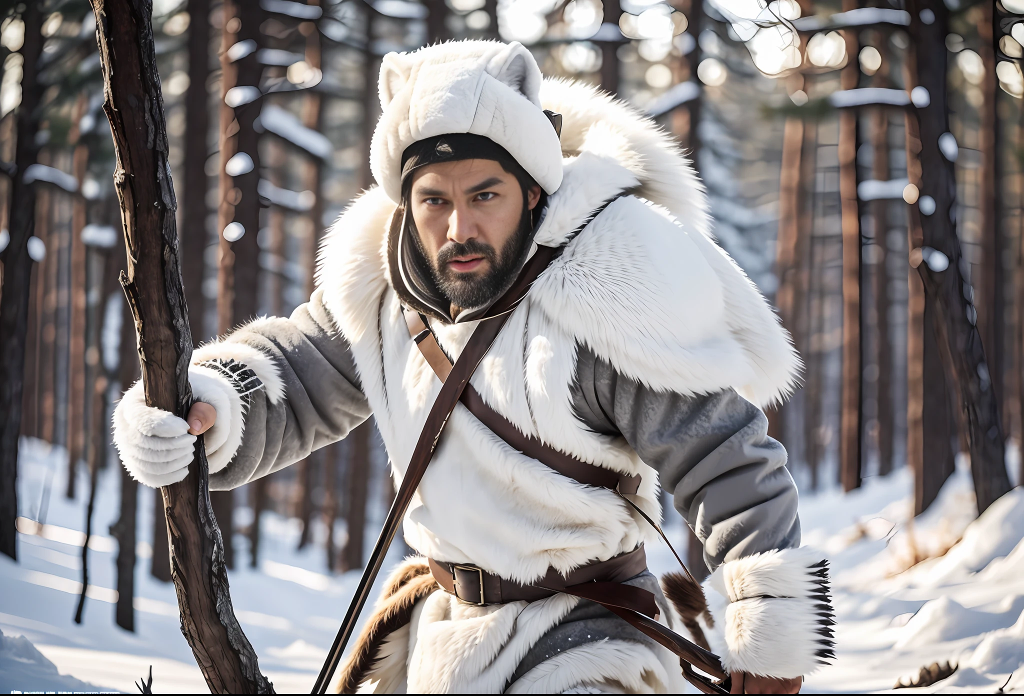 A wild winter hunter man, an outfit made of white wolf, automatically walks through the landscape of a winter forest. His black hair falls over his expressive and angry face as he firmly holds a bow and arrow in one hand. At 48, he is a true master of the art of hunting. The image is a high-quality, detailed representation, captured in 8k for a realistic experience. --auto --s2