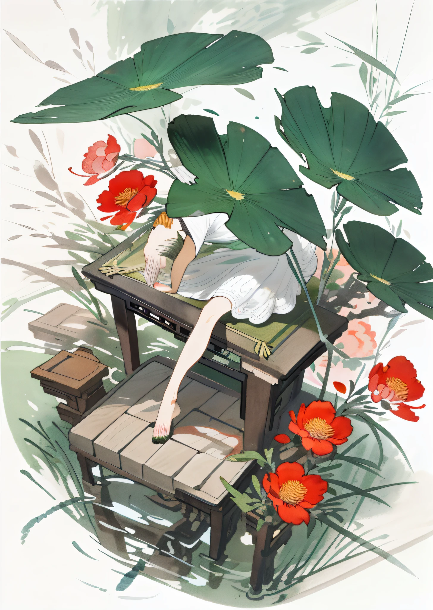 Flowers and birds, [(white background:1.5)::5], medium view, full body, chinoiserie, flowers, stone fragments, beautiful and delicate water, wood grain floor,