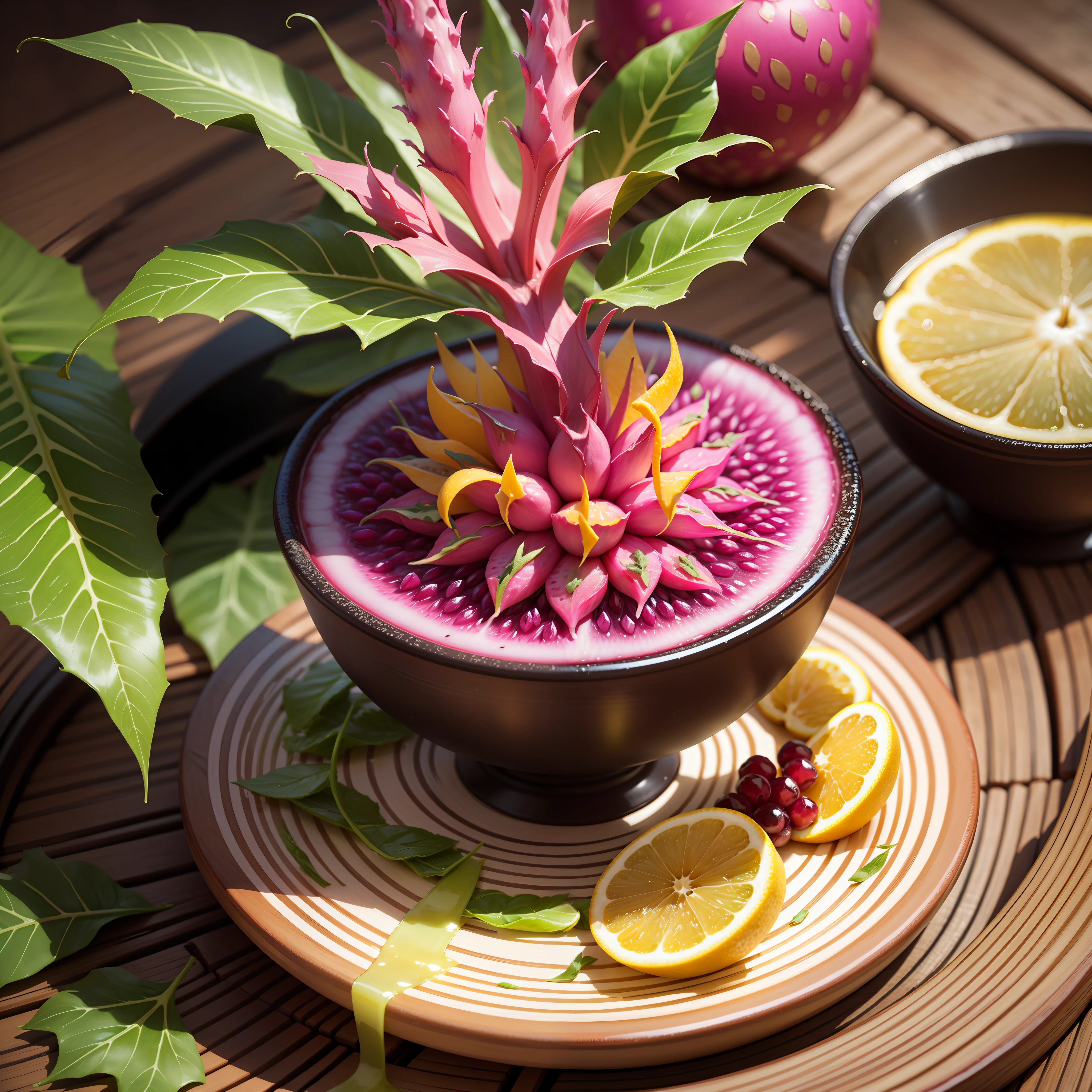 Combine the vitamins and other nutrients of dragon fruit, lemon, black tea, and green tea into a picture, which can be fireworks or the fruit of a tree --auto --s2
