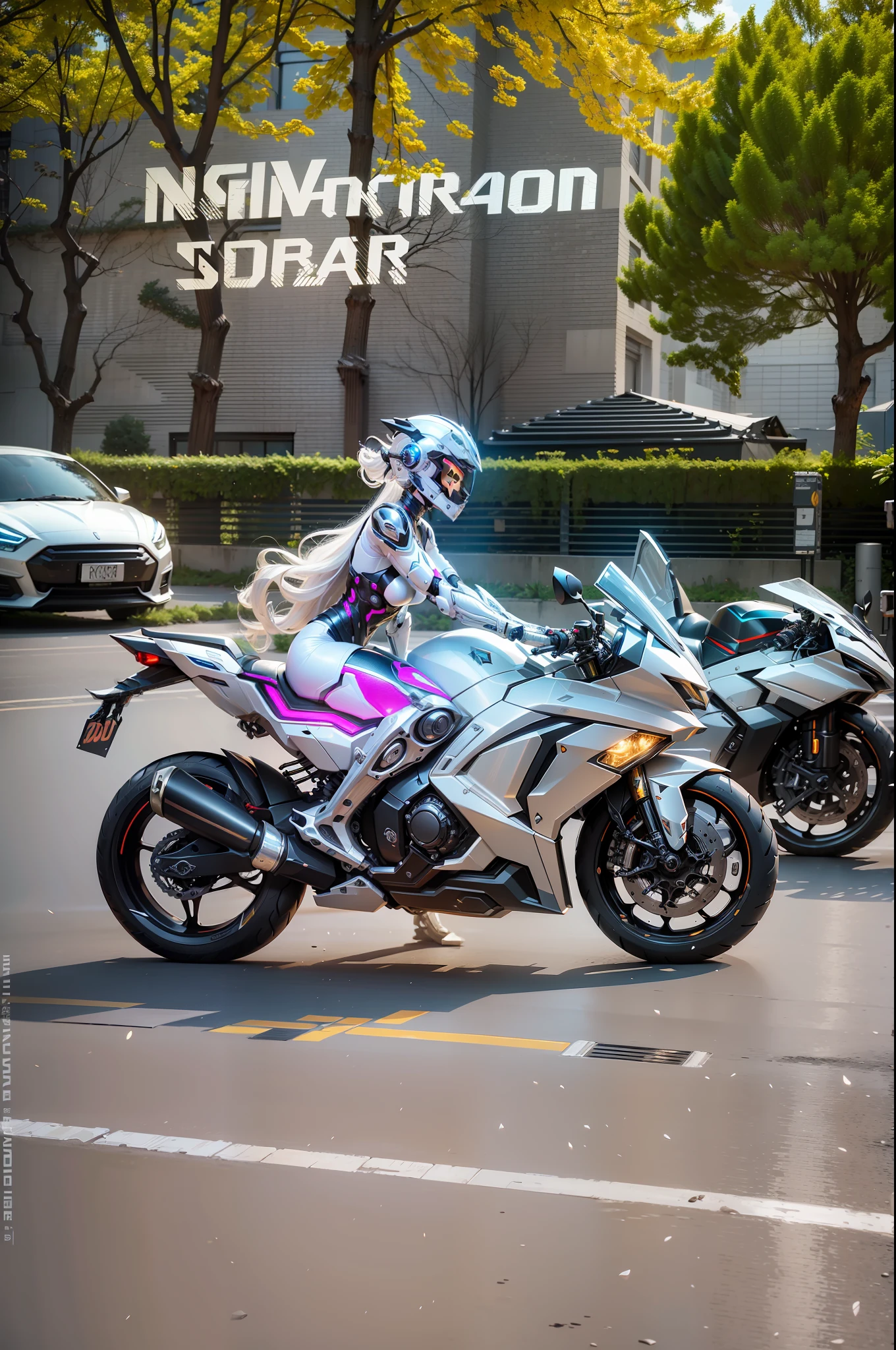 Cyber Warrior Woman and Cyber Mechanical Motorcycle, Full Body Exquisite High-Tech Armor, Exquisite Black Tech Helmet, Nousr, Biomechanics, MSHN Robot Man, High-Tech Helmet, Surreal, Steel, Intricate Design, Crazy Details, Fine Details, Extremely Clear Lines, Cinematic Lighting, Photo Realistic, Detailed Masterpiece