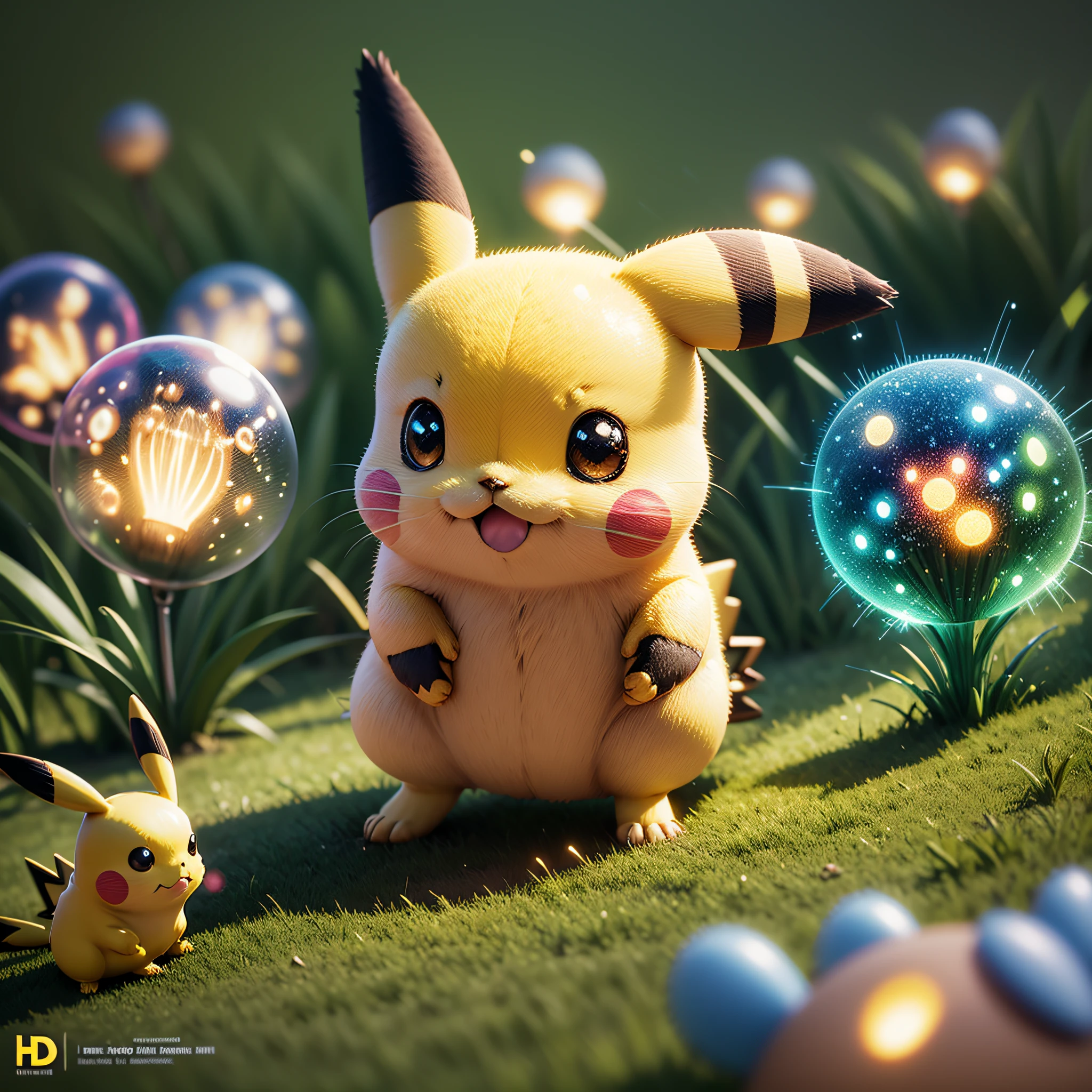 Pikachu lawn bulbs, light effects, electric light, flash, glow, animation, special effects production, rendering, keyframe animation, glow special effects, particle effects, lighting, shadows, materials, 3D modeling video production, visual effects design, software technology, HDR, high quality, high resolution, restore animation effects, cute, shy --auto --s2