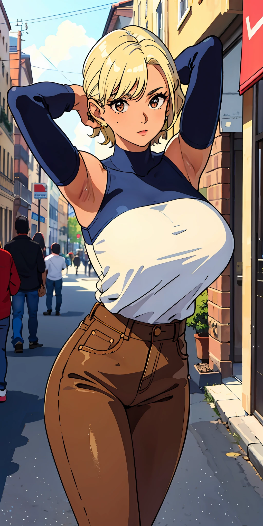 (top quality, masterpiece), 1 girl, 30 years old, stunning, contempt, blonde short, brown skin, tan, street, long sleeves, jeans, mole, 5 fingers, hide hands, armpits, show armpits, big, big breasts, thin areola