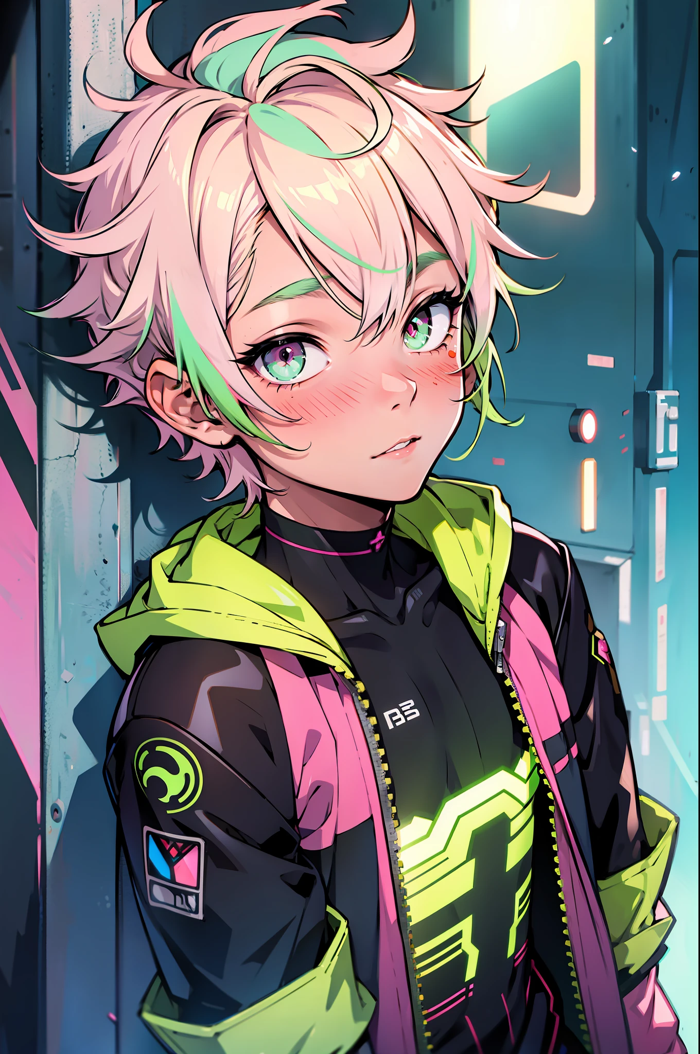1 boy, young alien boy with a messy short green hair and a soft, luminous pink eyes, futuristic clothes, blushing