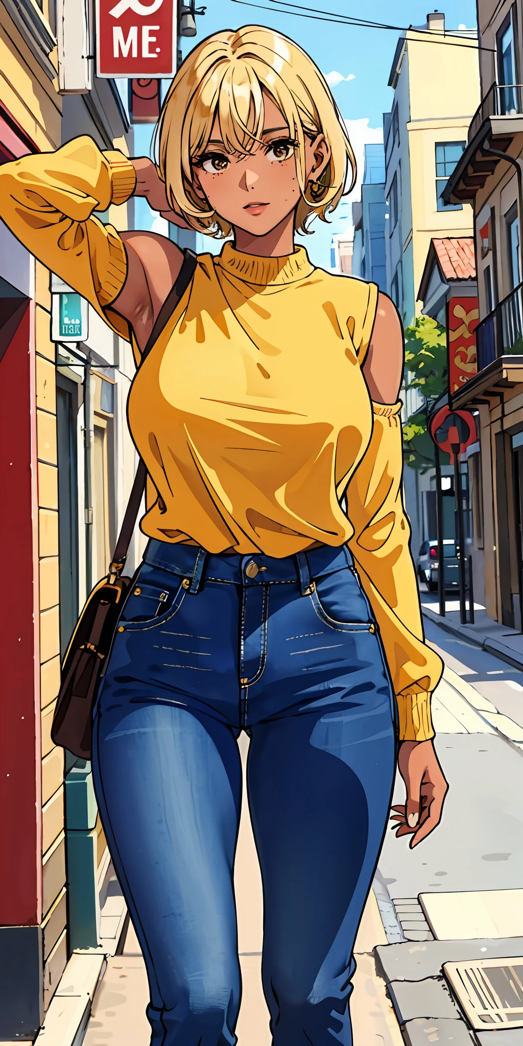 (top quality, masterpiece), 1 girl, 30 years old, stunning, contempt, blonde short, brown skin, tan, street, long sleeves, jeans, mole, 5 fingers, hide hands, armpits, show armpits, big, big breasts, thin areola