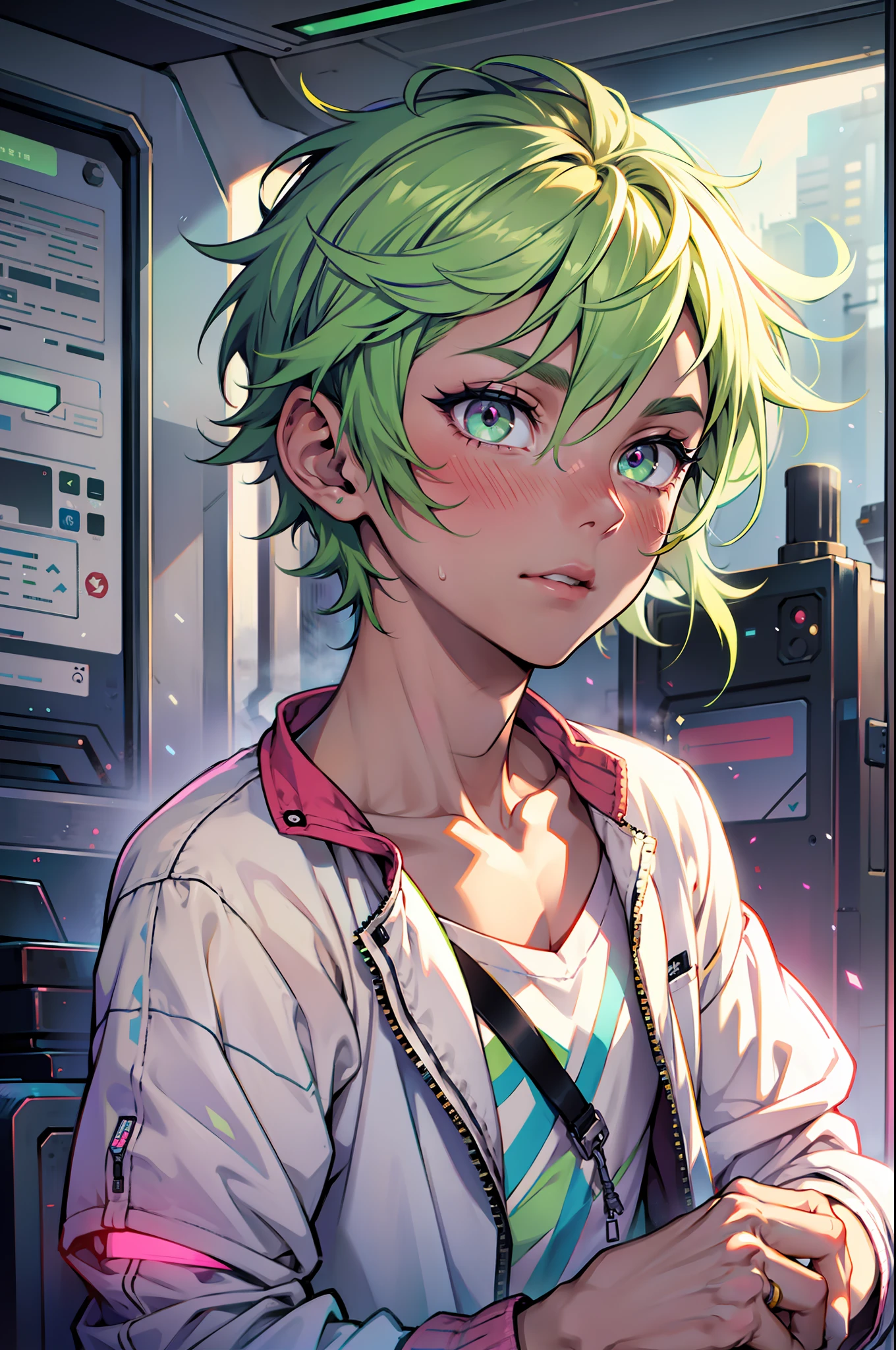 1 boy, young alien boy with a messy short green hair and a soft, luminous pink eyes, futuristic clothes, blushing